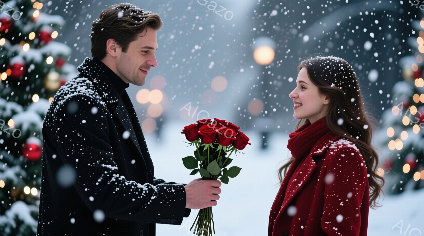 雪が舞う中、男性が赤いバラの花束を女性に差し出しています。男性は黒いコートを着ており、女性は赤いコートとスカーフを身につけています。背景にはぼやけたクリスマスツリーの光があり、ロマンチックで温かい雰囲気が漂っています。