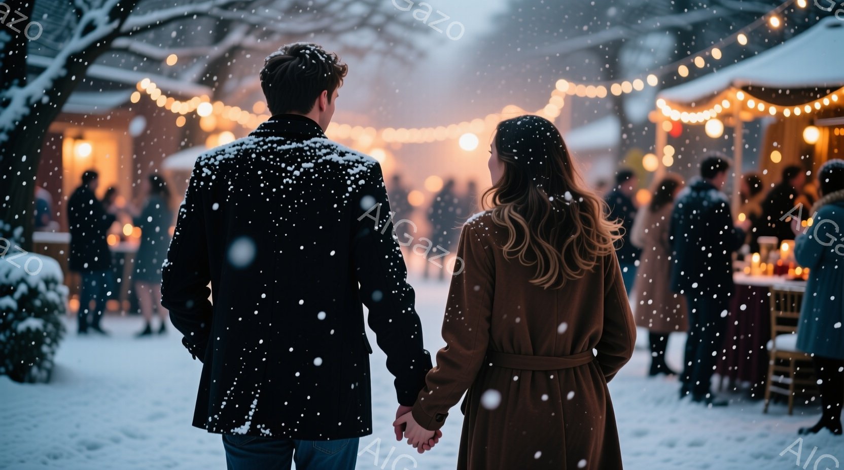 雪が舞う中で、一対の男女が手をつないで歩いている。男性は黒のコート、女性はキャメル色のコートを着ており、共に後ろ姿である。背景には、ぼんやりと光る建物や人々が見え、温かい光が雪景色に幻想的な雰囲気を添 - AI生成フリー素材