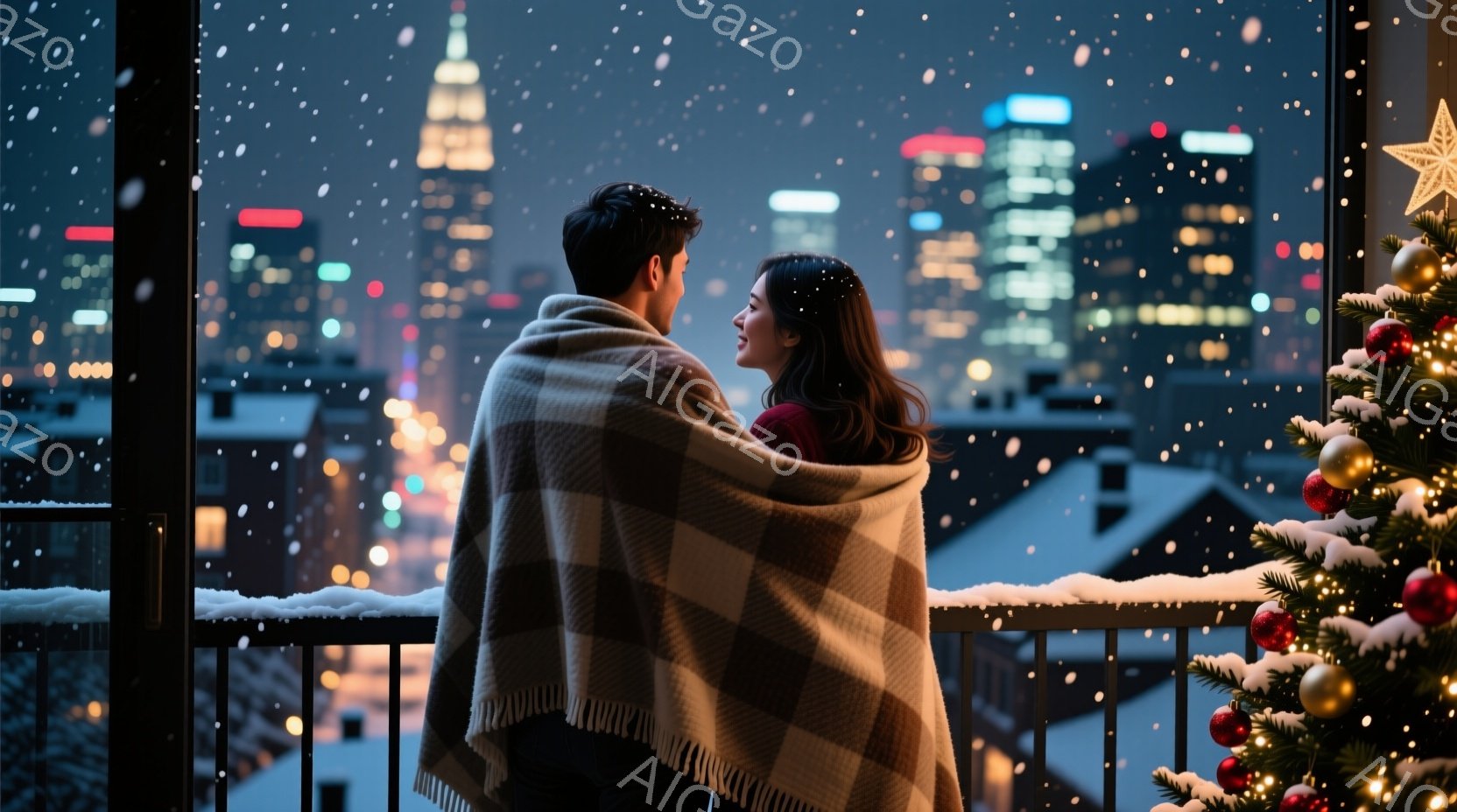 一対のカップルがチェック柄の毛布に包まれ、雪が降る夜の街を見下ろしている。女性はロングヘアで、横顔を見せ、男性は黒髪で、女性を見つめている。背景には高層ビル群が煌めき、クリスマスの飾り付けがされたクリスマスツリーが右側に配置され、暖かくロマンチックな雰囲気を醸し出している。