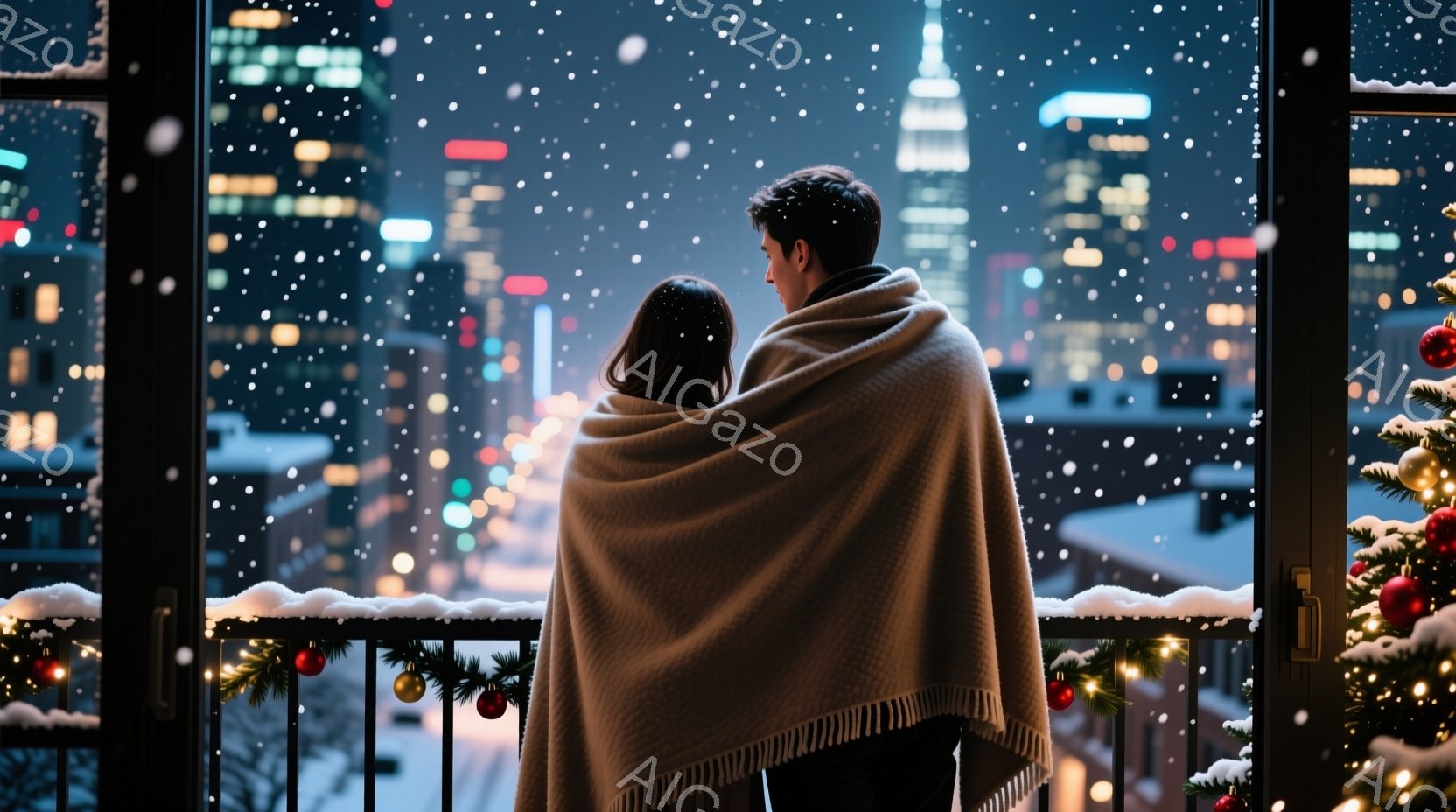 雪が降る夜に、バルコニーで寄り添う男女が描かれています。二人は白い毛布に包まれ、後ろ姿のみが見え、暖かく穏やかな雰囲気が漂っています。背景にはきらめく夜景が広がり、クリスマスツリーの飾り付けが季節感を強調しています。