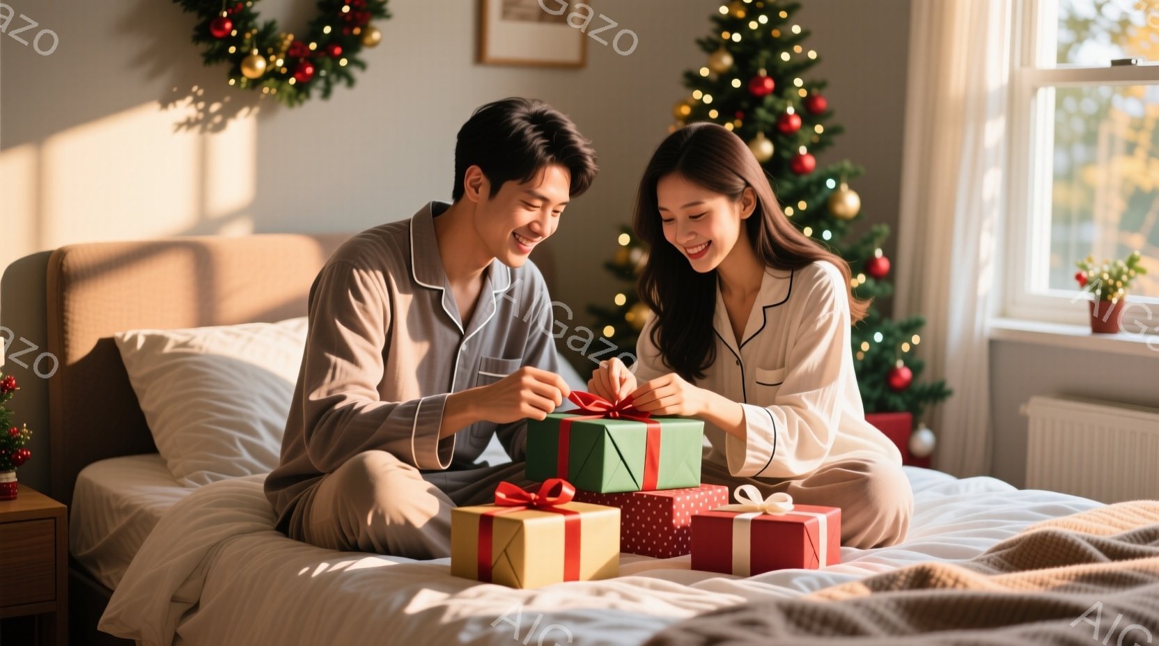 室内で、若いカップルがベッドに座り、クリスマスプレゼントを開けている。男性は暗い色のパジャマを着ており、女性は白いパジャマを着ていて、それぞれ微笑んでおり、幸せそうにプレゼントを見ている。背景にはクリ - AI生成フリー素材