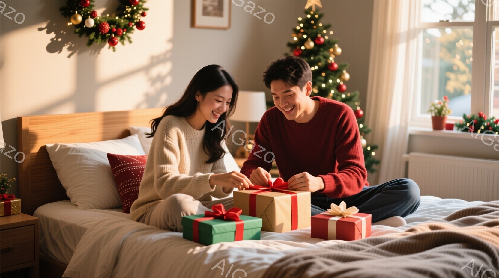 ベッドに座ってプレゼントを開ける若いカップルが描かれています。女性は白いセーターを着て髪を後ろに流し、笑顔でプレゼントを見守っています。背景にはクリスマスツリーや装飾が飾られ、暖かく幸せな雰囲気が漂っ - AI生成フリー素材