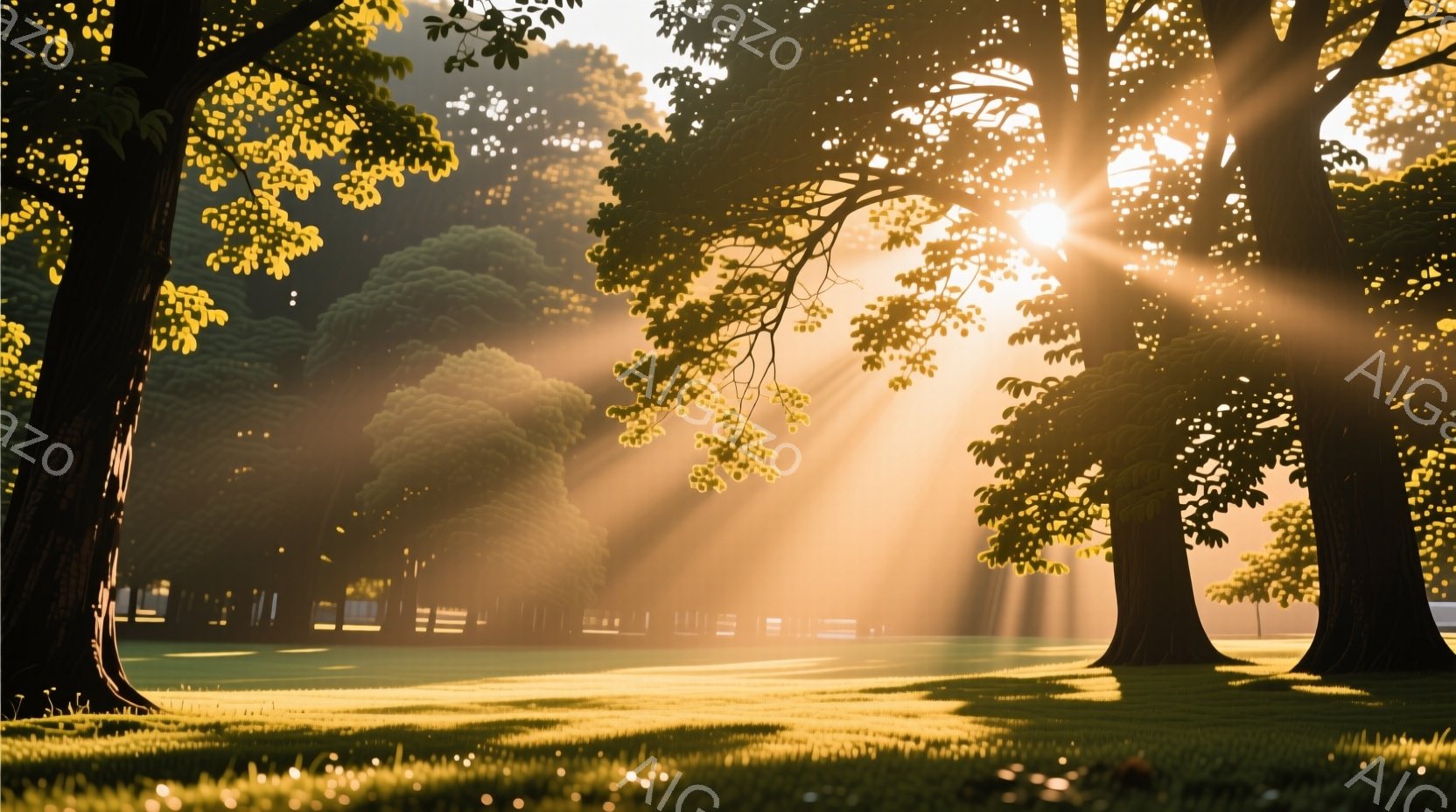 黄金色の夕日の光線が木々の間から差し込み、緑豊かな草原を照らしている。遠景にはぼんやりと建物が見え、穏やかで平和な雰囲気を醸し出している。光と影のコントラストが美しく、自然の静寂と暖かさが感じられる。