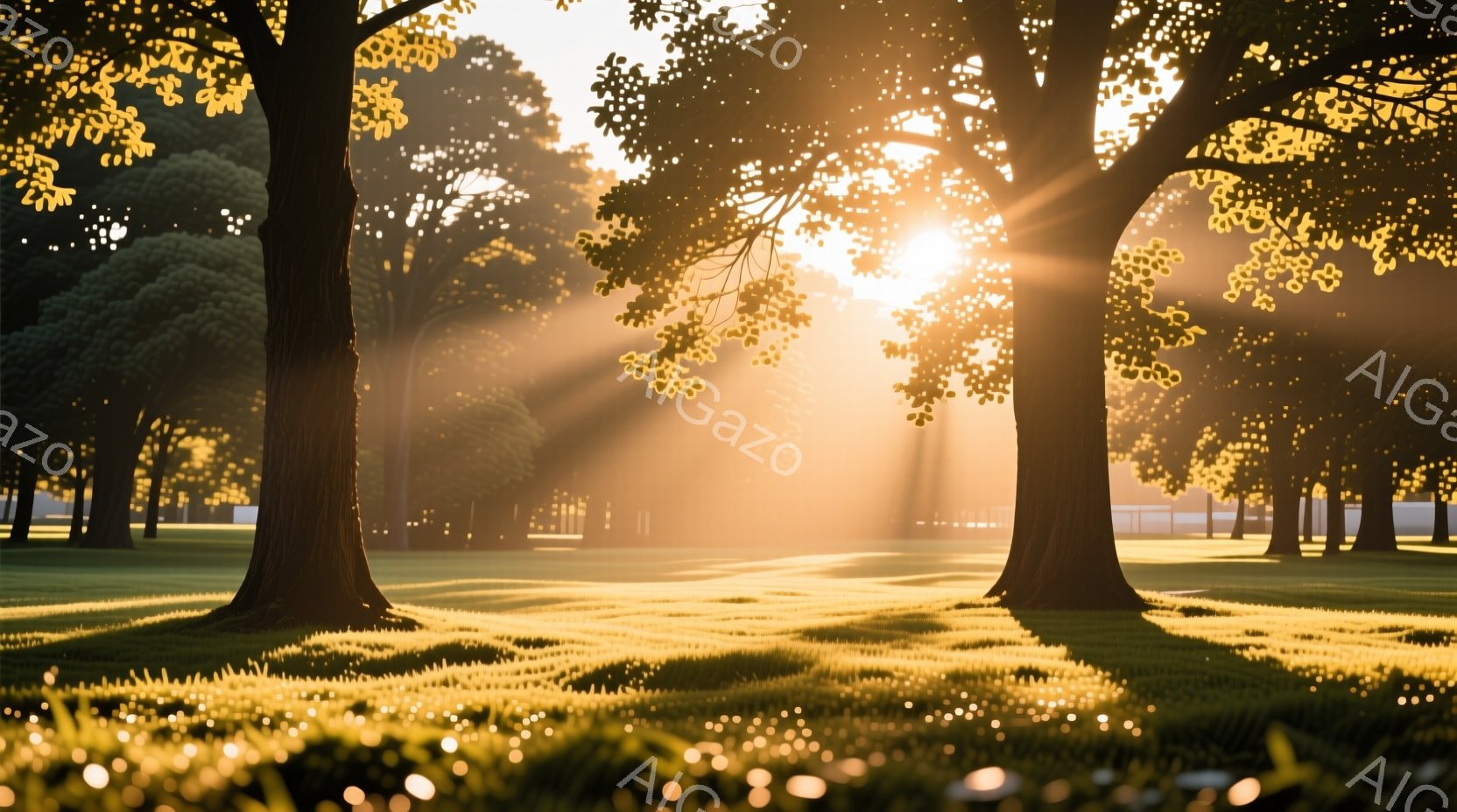 広大な緑の芝生が広がり、夕日に照らされた木々のシルエットが印象的な風景です。太陽の光線が木々の間から差し込み、芝生全体を黄金色に染め上げており、幻想的な雰囲気を醸し出しています。遠景にはぼんやりと建物 - AI生成フリー素材