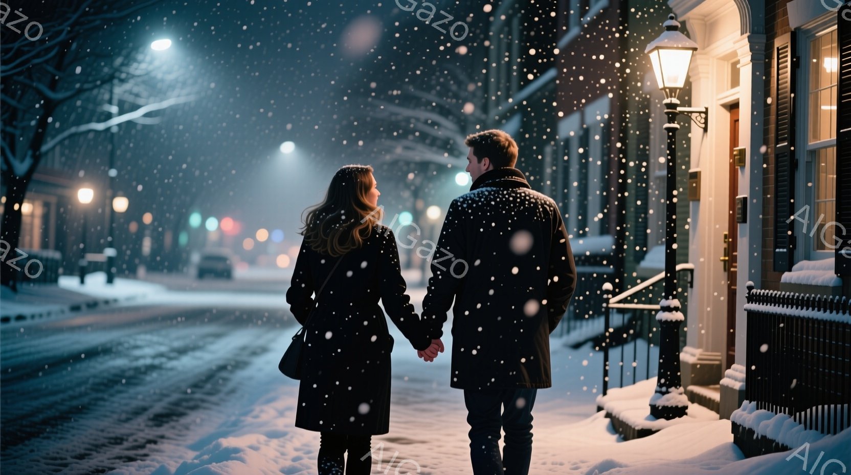 雪が舞う夜の街並みを、一対のカップルが手をつないで歩いている。女性はダークトーンのコートに黒髪、男性は濃い色のジャケットとジーンズ姿で、共に歩く方向を向いているため表情ははっきりと見えない。背景には雪 - AI生成フリー素材