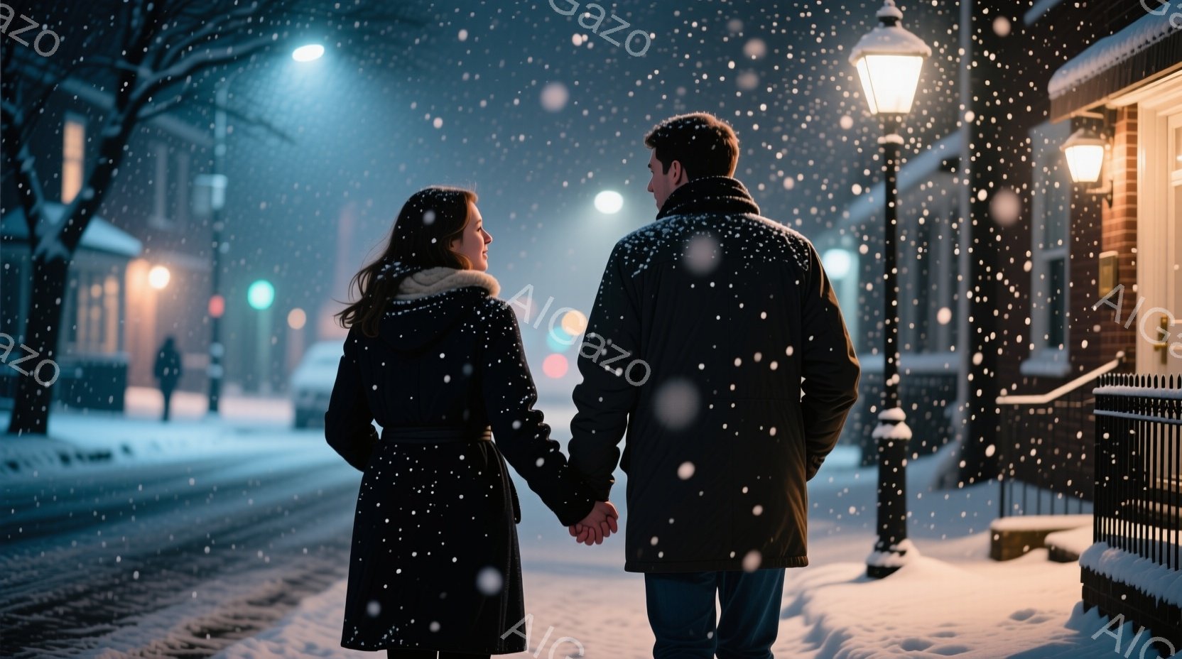 雪が降る夜の街並みを、男女が手をつないで歩いている。女性はダークブラウンの長い髪で、黒いコートを着ている。男性は濃い色のコートとジーンズで、二人は寄り添い、温かい雰囲気が漂っている。