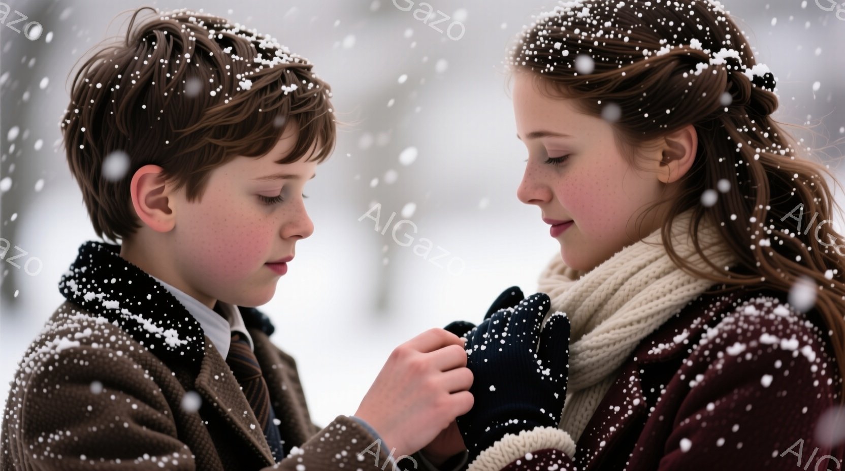 雪が舞う中で、少年と少女が寄り添い合っている。少年は茶色の短い髪で、濃い色のコートとネクタイ姿、真剣な表情で何かを語りかけているように見える。少女は赤茶色の髪を後ろでまとめており、オフホワイトの巻物と深い赤色のコートを着て、優しい眼差しで少年の話に耳を傾けている。