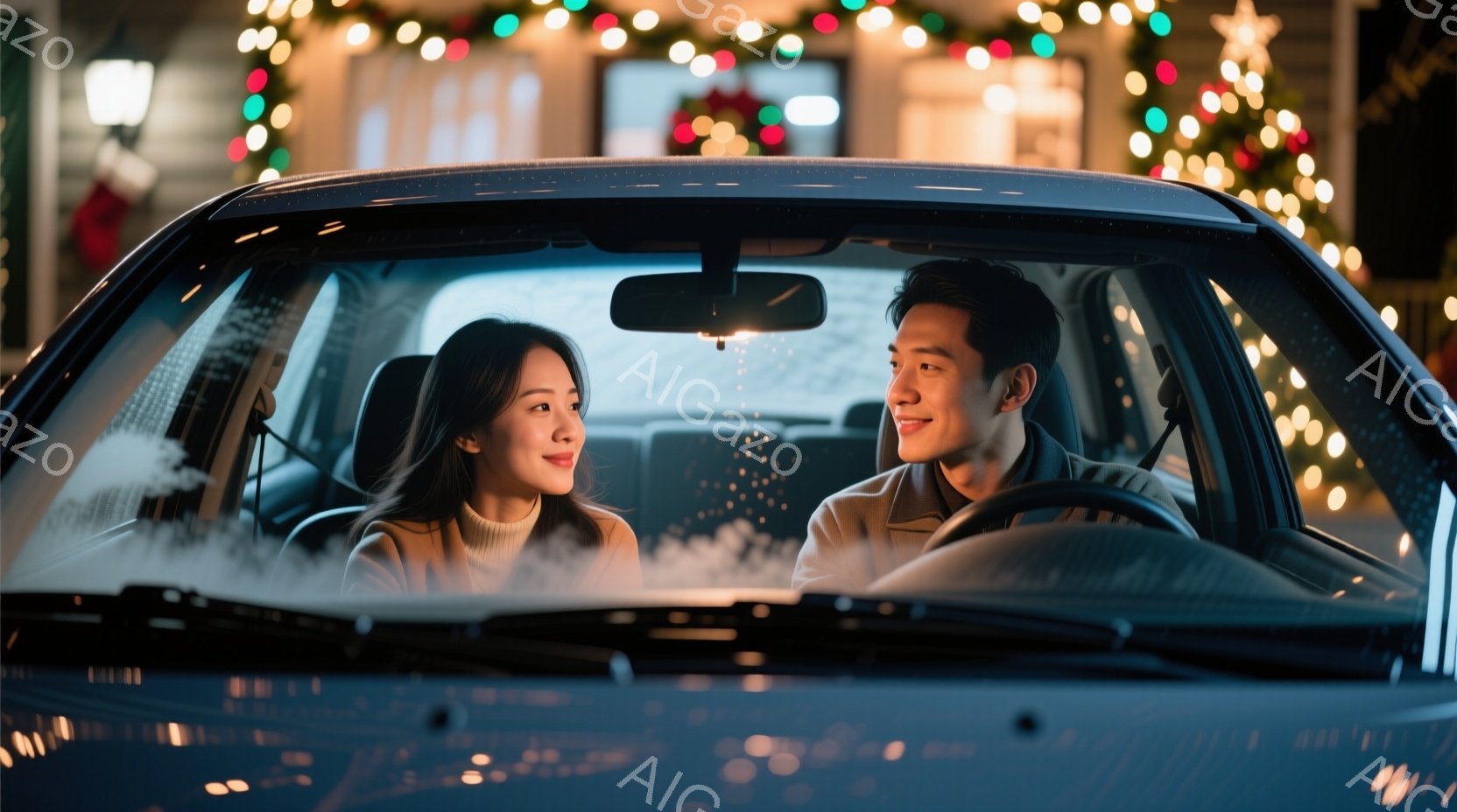 紺色の車内で、女性はベージュのセーターを着て、髪を後ろにまとめている。男性は運転席で笑顔を見せ、女性を見つめている。背景には、クリスマスツリーのイルミネーションが輝き、雪が舞う夜の穏やかな雰囲気を醸し - AI生成フリー素材