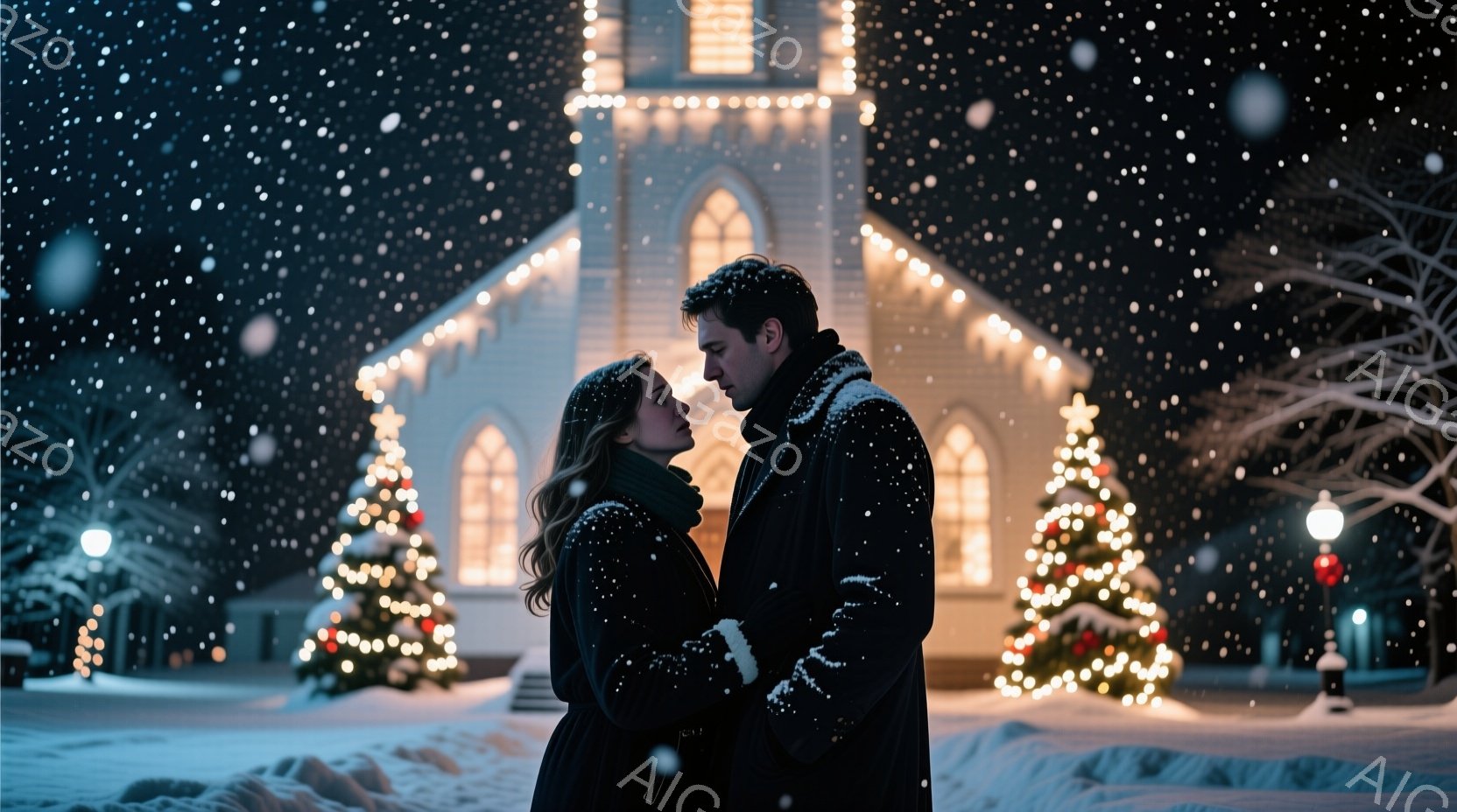 雪が降る夜、教会を背景に寄り添う男女が描かれている。女性は長くウェーブのかかった髪を持ち、黒いコートを着て、男性を見上げている。男性は黒いコートを着ており、女性を見下ろし、優しく微笑んでいる。背景にはクリスマスツリーが飾られた教会があり、雪景色がロマンチックな雰囲気を醸し出している。