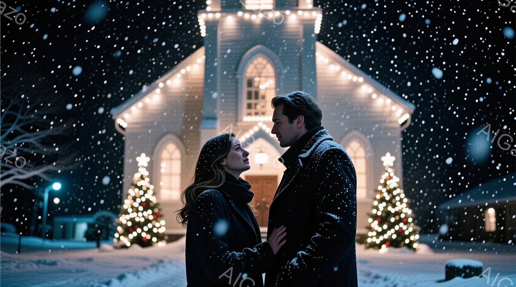 雪が降り積もる中、男女が教会を背景に寄り添っている。女性は長い茶髪を肩から垂らし、黒いコートを着て、上目遣いで男性を見つめている。男性は黒いコートを着て、女性の腰を抱きしめ、優しく見つめ返している。