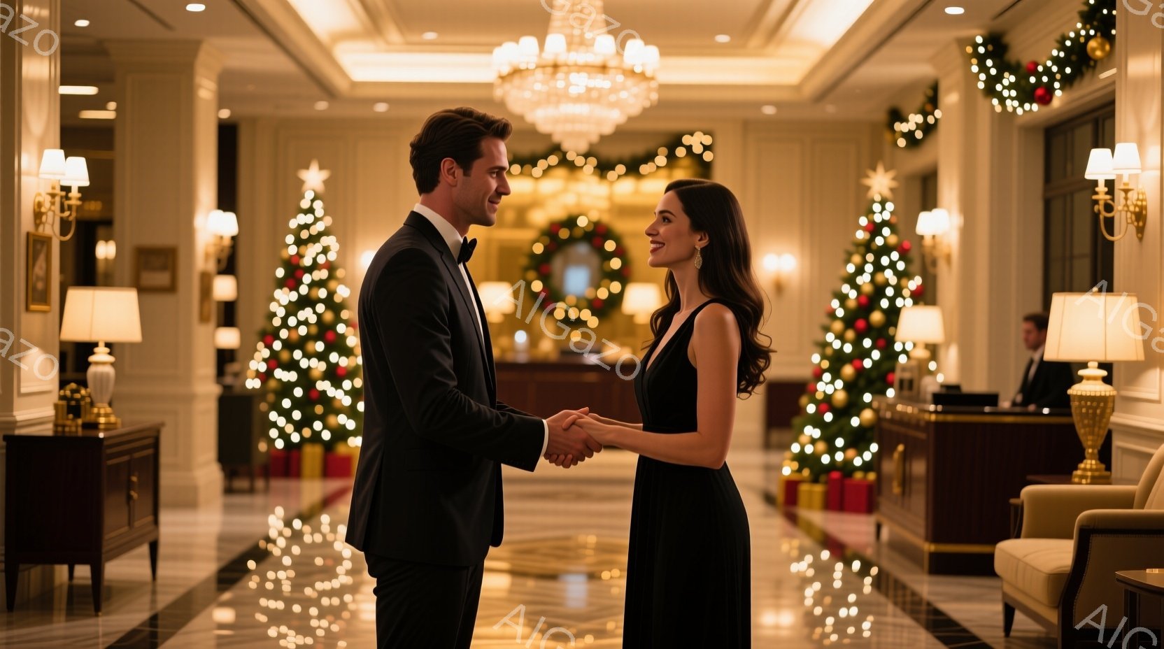 ホテルの一室で、タキシードを着た男性と黒いドレスを着た女性が向かい合って手を握っています。背景にはクリスマスツリーや装飾が飾られており、華やかな雰囲気です。二人は微笑み合い、幸せそうな表情をしています。