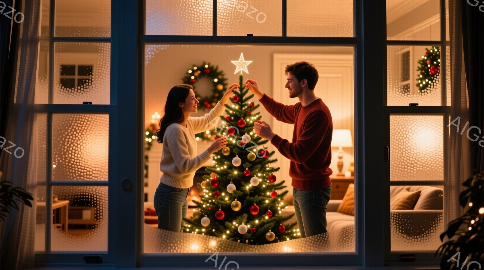 クリスマスツリーの飾り付けをする若い男女が描かれています。女性は白いセーターとジーンズを着ており、長い茶髪を肩にかけています。男性は赤いセーターを着ており、ツリーの一番上に星を飾っています。 - AI生成フリー素材