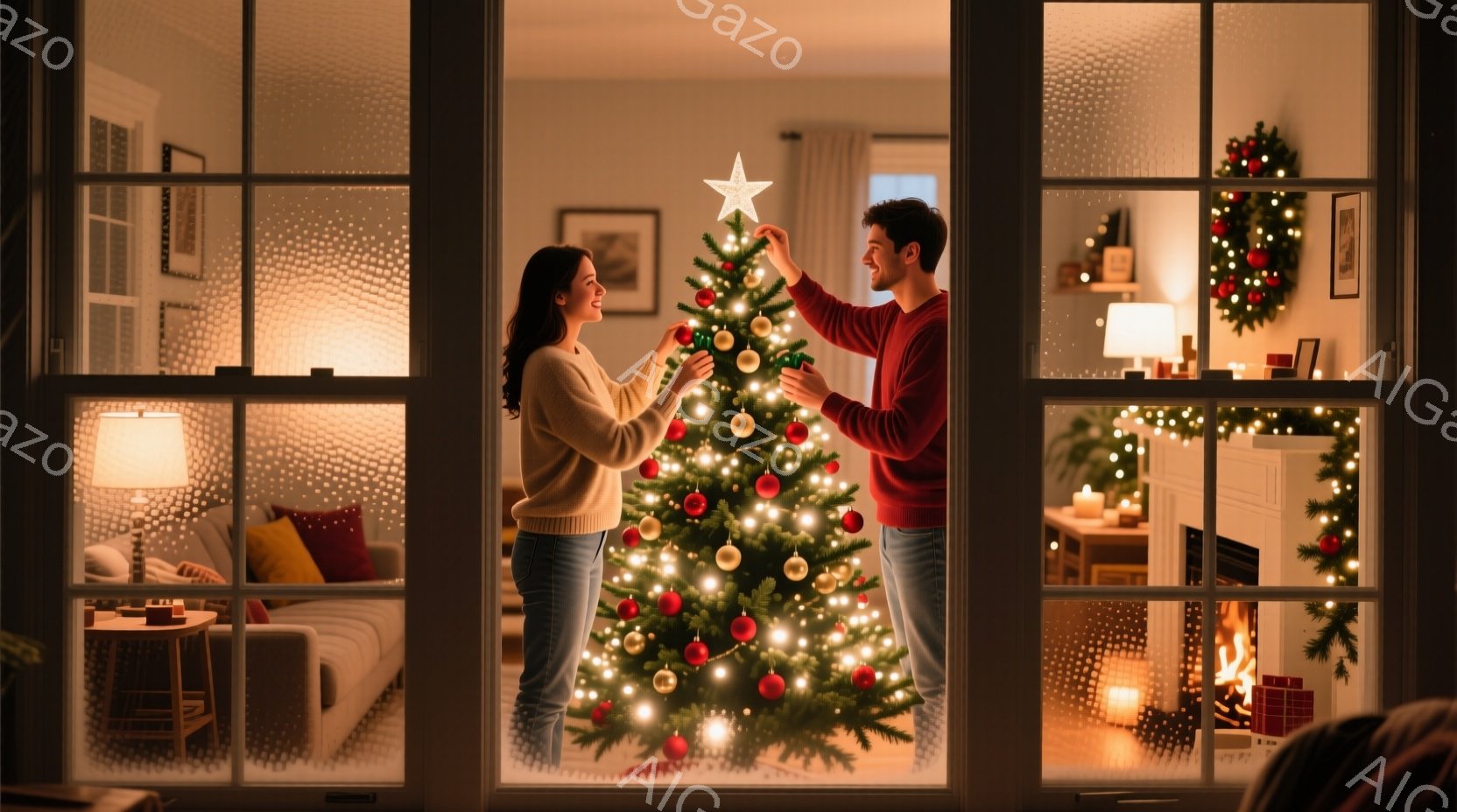 室内では、若い男女がクリスマスツリーのてっぺんに星を飾っています。女性は長い茶髪で、赤いセーターを着ていて、上を見上げて微笑んでいます。背景には、暖炉の火が灯り、装飾された部屋が暖かく穏やかな雰囲気を醸し出しています。