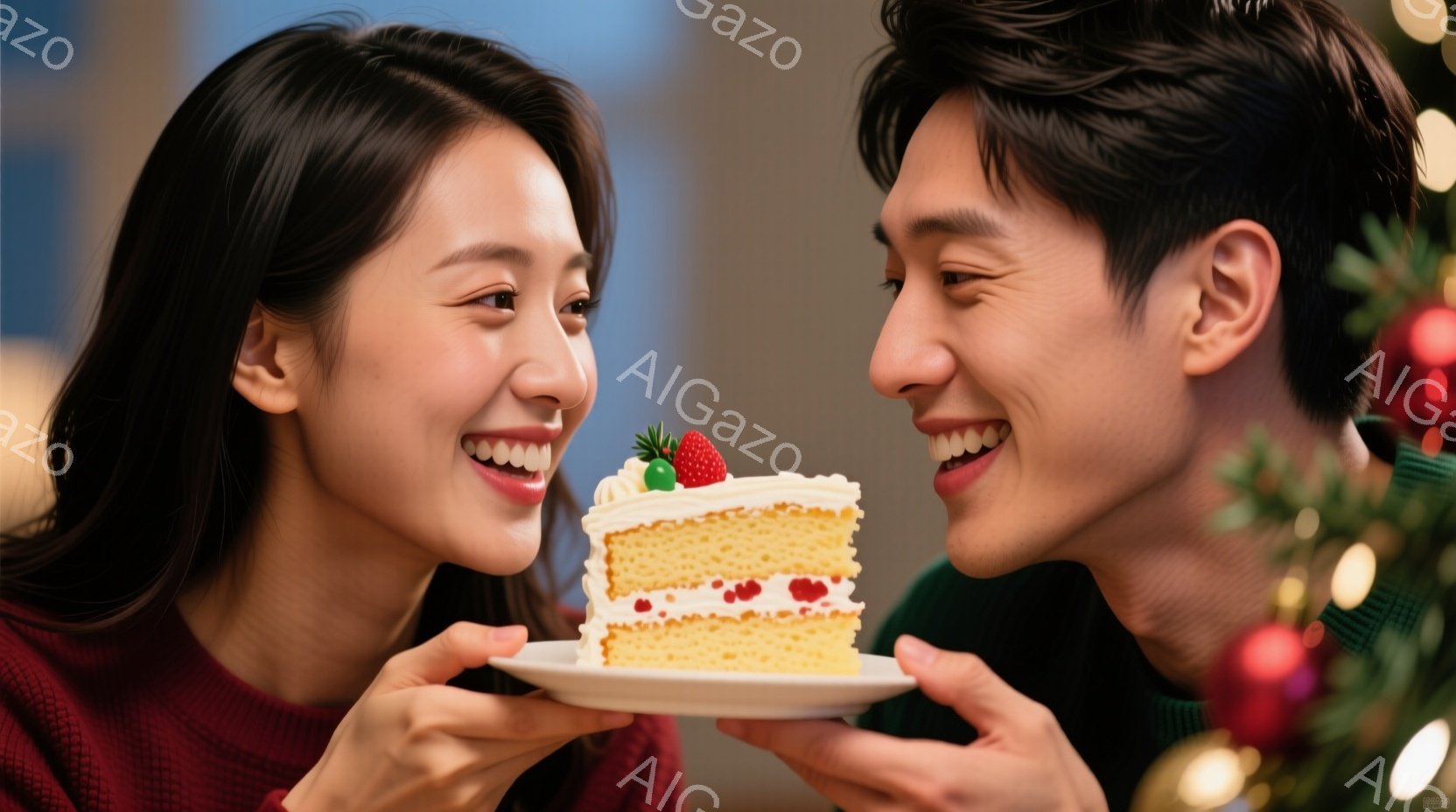 笑顔でケーキを見つめる若い男女が写っています。女性は赤いセーターを着ており、長い黒髪をしています。男性は緑色のセーターを着ており、笑顔で女性を見つめています。背景にはクリスマスツリーの飾りがぼやけており、温かく幸せな雰囲気が漂っています。