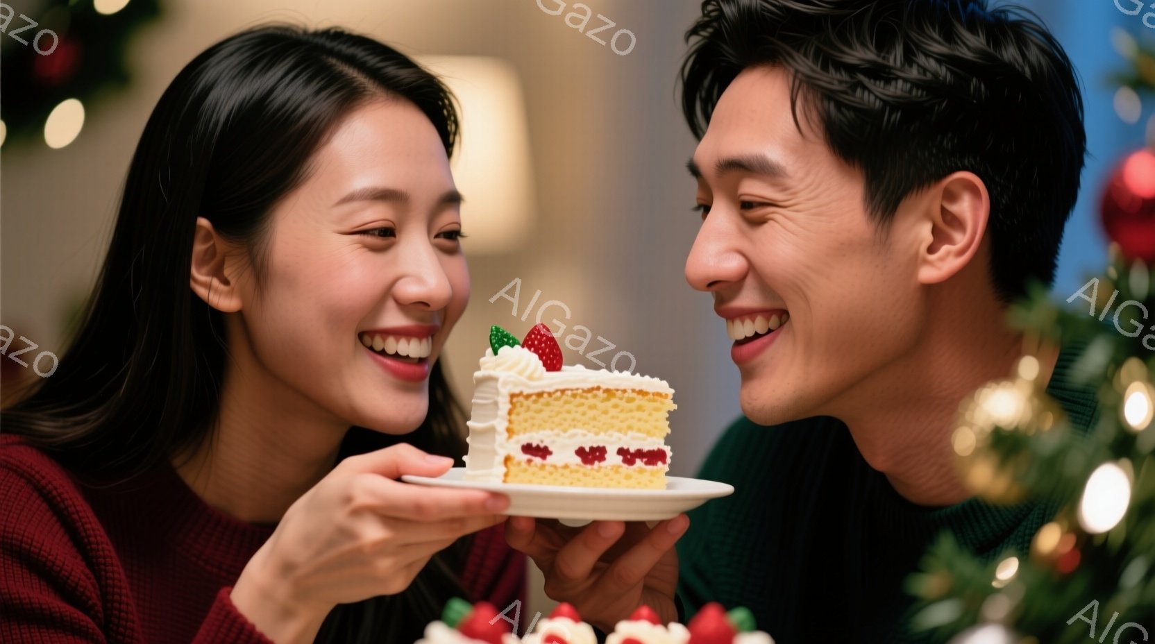 ケーキを掲げている若い男女が写っています。女性は赤色のセーターを着ており、長い黒髪をなびかせ、満面の笑みを浮かべています。男性は濃い色の服を着ており、女性と向き合い、ケーキを見つめながら楽しそうに微笑んでいます。