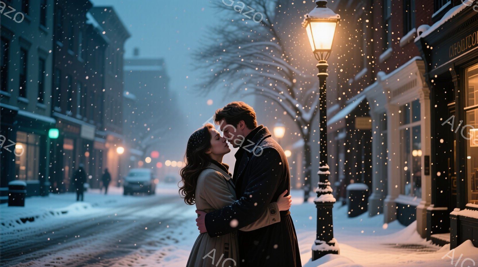 雪が降り積もる夜の街で、一対のカップルがキスをしています。女性は巻き毛の茶髪で、ベージュ色のコートを着ています。男性は黒いコートと白いマフラーを身につけ、女性を優しく抱きしめています。背景には、雪で覆われたレンガ造りの建物と、ぼんやりと光る街灯があり、ロマンチックで温かい雰囲気が漂っています。