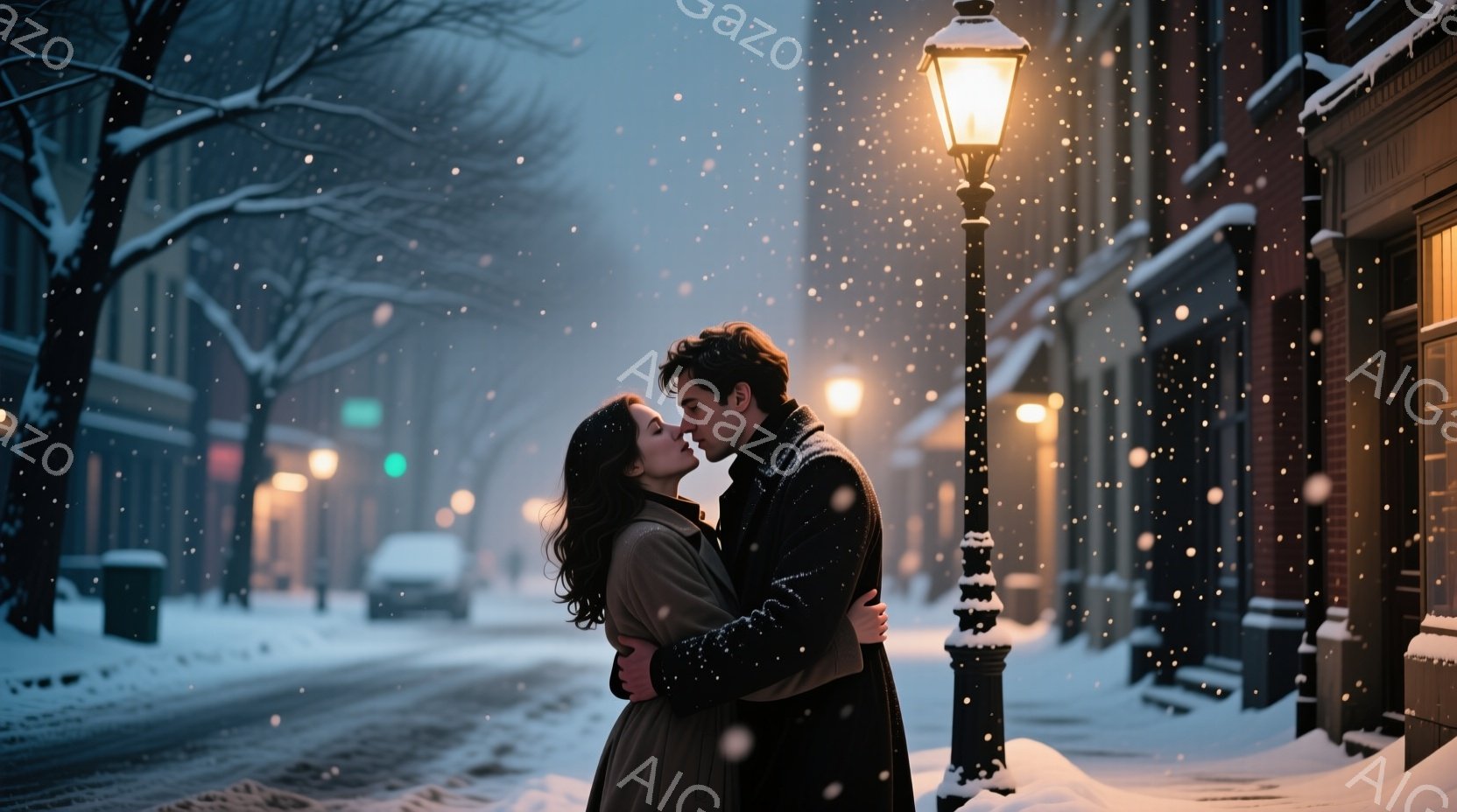 雪が降る夜の街で、一対のカップルがキスを交わしています。女性は茶色の長い髪で、ベージュ色のコートを着ており、男性は黒いコートとセーターを着て抱きしめ合っています。背景には、雪に覆われた建物や街灯があり - AI生成フリー素材