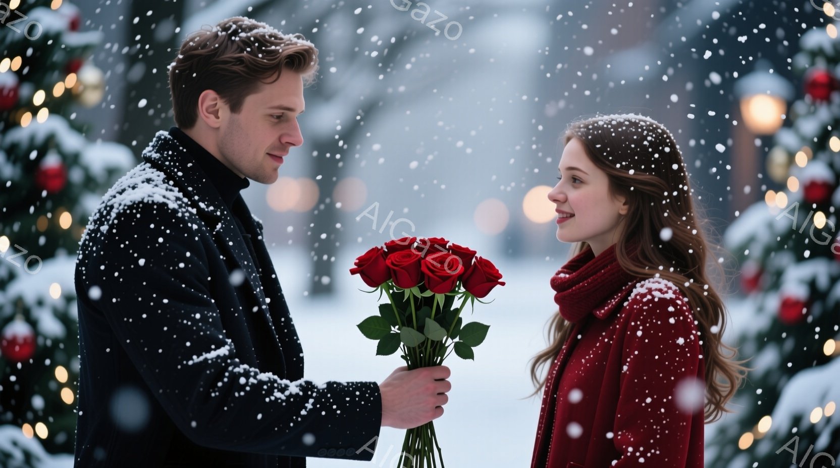 雪が降り積もる中、一人の男性が赤いバラの花束を女性に差し出しています。男性は黒いコートを着ており、女性は赤いニットとコートを着ています。背景にはクリスマスツリーが輝き、ロマンチックで温かい雰囲気を醸し出しています。
