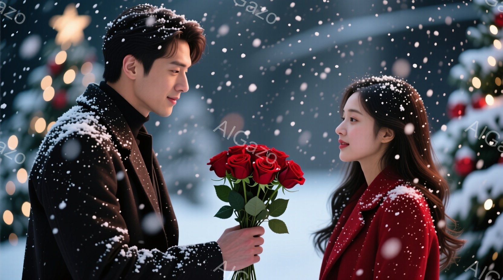 雪が舞う冬の背景で、一人の男性が赤いバラの花束を女性に差し出しています。男性は黒いコートを着ており、女性は赤いコートを着て、二人とも横顔で互いを見つめ合っています。背景にはクリスマスツリーがぼんやりと見え、ロマンチックで温かい雰囲気を醸し出しています。