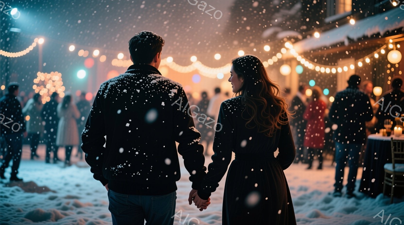 雪が降る夜の屋外で、カップルが手をつないで歩いている。男性は濃い色のジャケットとジーンズ、女性は黒いロングドレスを着ており、後ろ姿からは二人の親密な関係が伺える。背景にはぼんやりと人々やテーブルが見え、イルミネーションが飾られた冬の夜のロマンチックな雰囲気が漂っている。