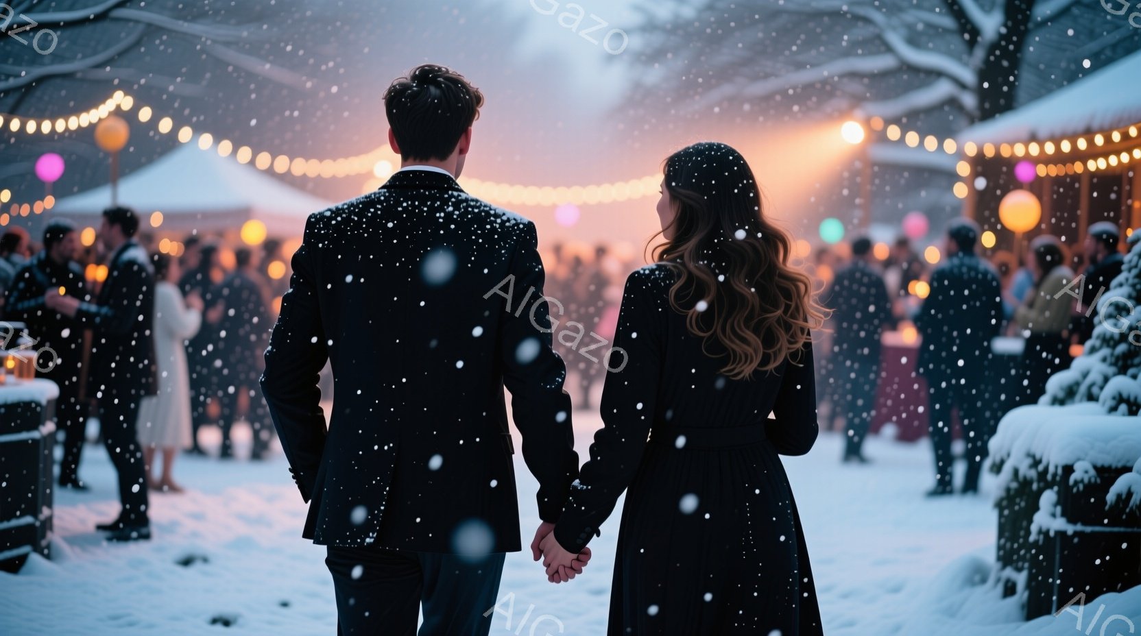 雪が降る中、背中を見せた男女が手をつないで歩いている。男性は黒のスーツ、女性は黒いロングドレスを着ており、多くの人々がぼんやりと背景に見える。イルミネーションが点在し、冬の夜の暖かく幻想的な雰囲気を醸し出している。