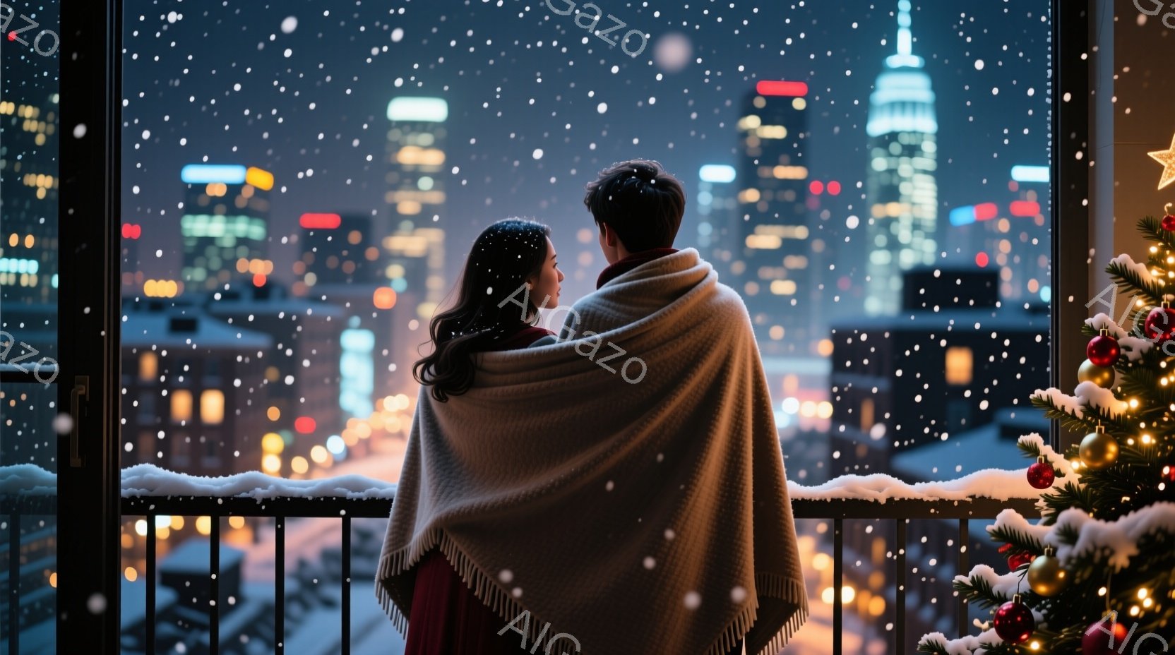 カップルがバルコニーで寄り添い、夜景を見下ろしている。女性は赤いドレスを着ており、長く緩やかなウェーブのかかった髪が肩にかかっている。背景にはきらめく夜の街並みと雪が降り積もる様子が広がり、クリスマスの飾り付けられたクリスマスツリーが暖かく優しい雰囲気を醸し出している。