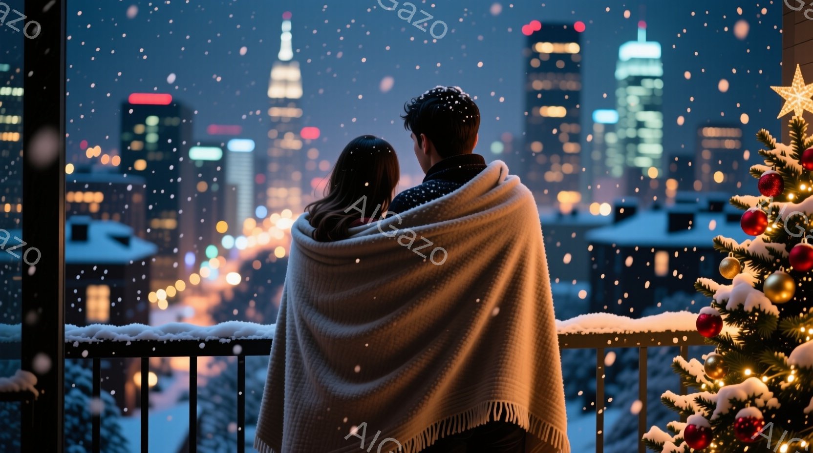 カップルがバルコニーで寄り添い、冬の夜景を見下ろしている。女性は長い茶色の髪を持ち、男性は黒いコートを着ている。背景には雪が降り積もり、遠くにはライトアップされた高層ビル群が広がり、クリスマスの飾り付けがされたクリスマスツリーが右側に配置されている。