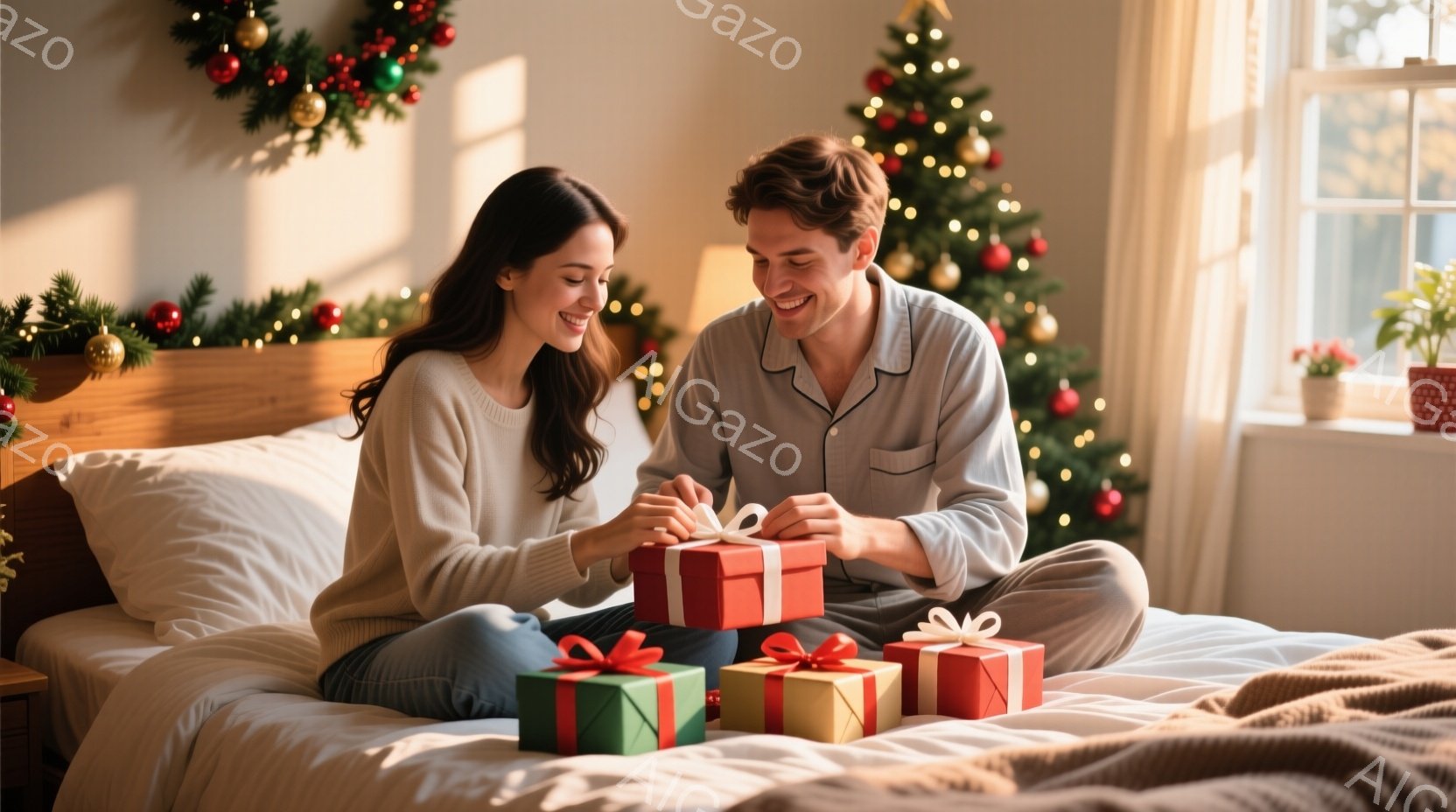 若いカップルがベッドに座り、プレゼントを開けている様子が描かれています。女性は長髪で、ベージュのセーターを着て微笑んでおり、男性は紺色のパジャマを着てプレゼントの包装をほどいています。背景にはクリスマスツリーや装飾が飾られており、温かく幸せなクリスマスの雰囲気が漂っています。