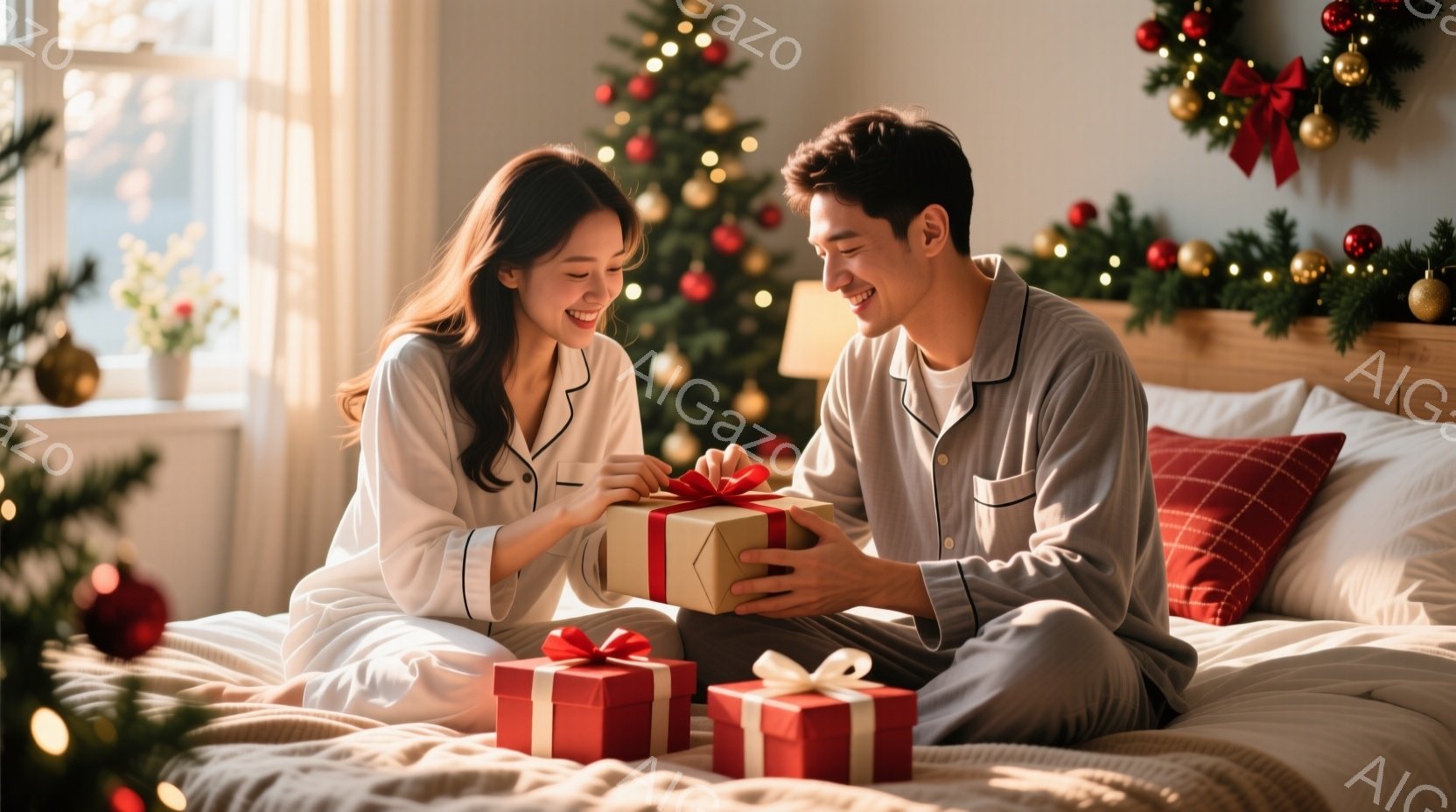 室内で、若い男女がベッドに座り、プレゼントを交換している様子が描かれています。女性は白いパジャマを着て微笑み、男性はグレーのパジャマを着てプレゼントを受け取りながら笑顔を見せています。背景にはクリスマスツリーや飾り付けがあり、温かく幸せなクリスマスの雰囲気が漂っています。