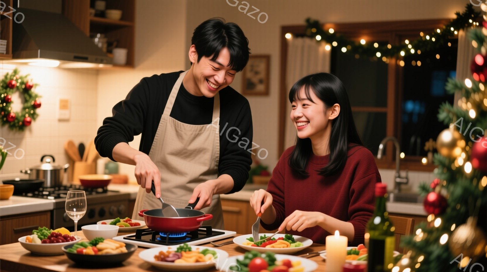 暖炉の火が灯るキッチンで、エプロンをつけた男性がフライパンで料理を作っています。彼は笑顔で調理に集中しており、隣のテーブルでは、同じように笑顔の女性がサラダをフォークでつまもうとしています。背景にはク - AI生成フリー素材