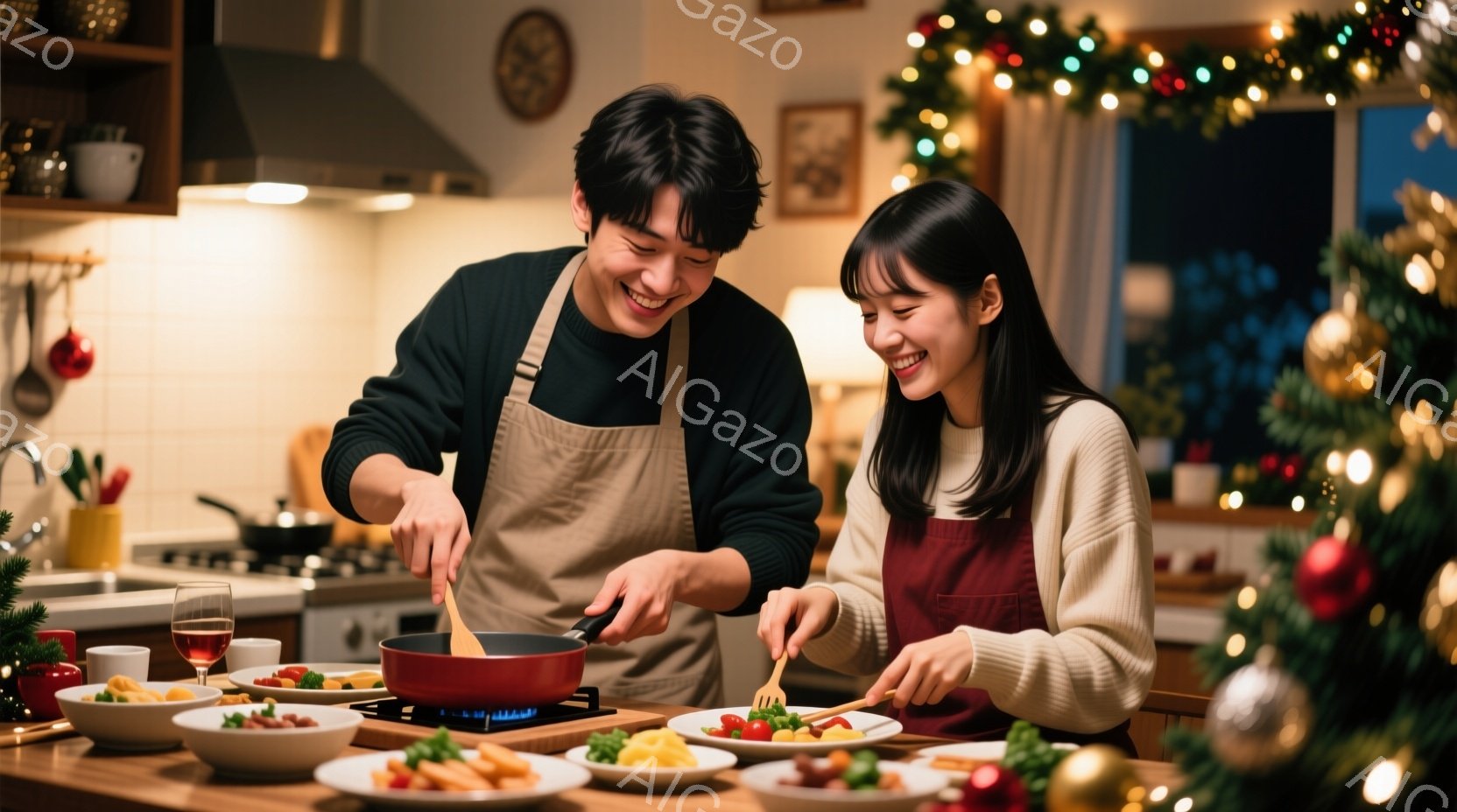 室内には、エプロンをつけた若い男女が料理を楽しんでいます。男性はフライパンを扱い、女性は皿に盛り付け作業をしており、二人とも笑顔で幸せそうに見えます。背景にはクリスマスツリーが飾られ、テーブルには様々な料理が並び、温かく楽しい雰囲気のクリスマスディナーの準備の様子が伺えます。