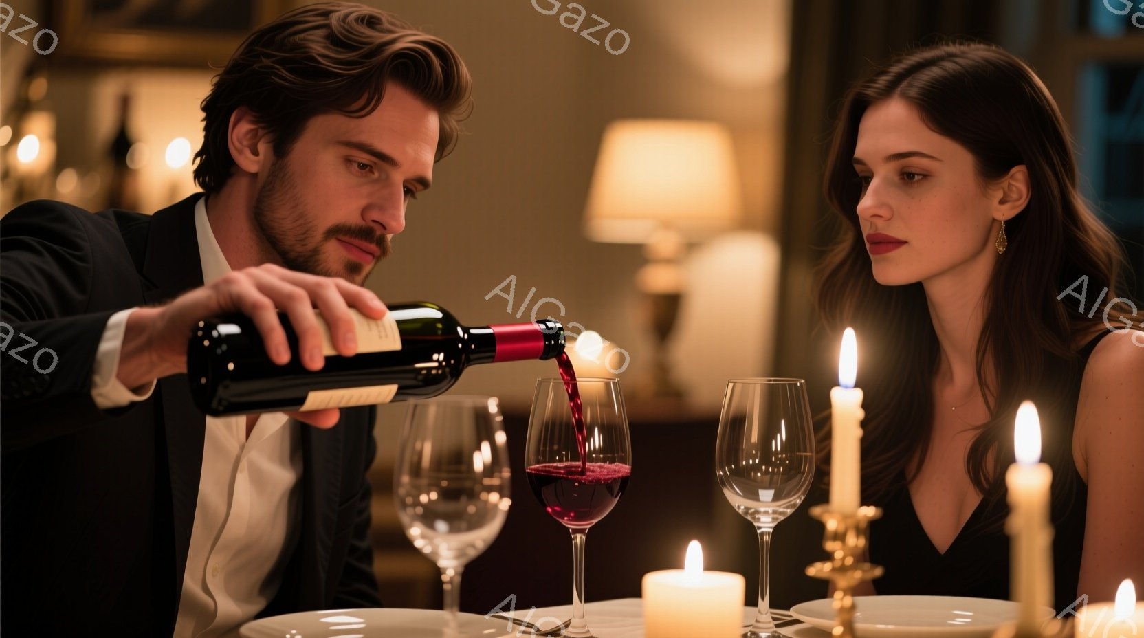 一人の男性がワインボトルからグラスに赤ワインを注いでいる場面だ。彼は黒のスーツに白いシャツを着ており、濃い眉と髭を生やしている。女性は黒いドレスを着ており、赤い口紅を塗っている。背景にはぼんやりとした光が灯り、テーブルの上にはキャンドルが置かれ、ロマンチックな雰囲気を作り出している。