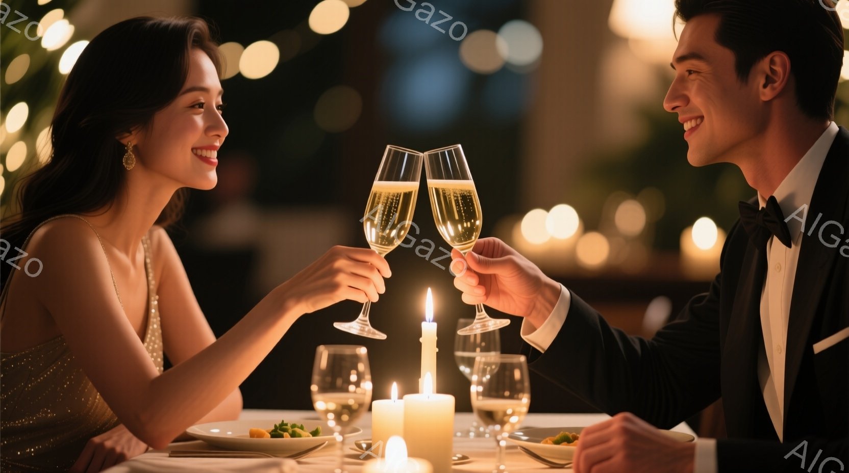 結婚式のレセプションのような雰囲気で、一対の男女がシャンパングラスを高く掲げ、互いに見つめ合っています。女性はゴールドのドレスを着ており、長い髪はゆるやかにウェーブがかかっています。男性はタキシードを着ており、笑顔で女性を見つめています。テーブルの上にはキャンドルが灯り、背景にはぼやけた都市の夜景が広がっています。