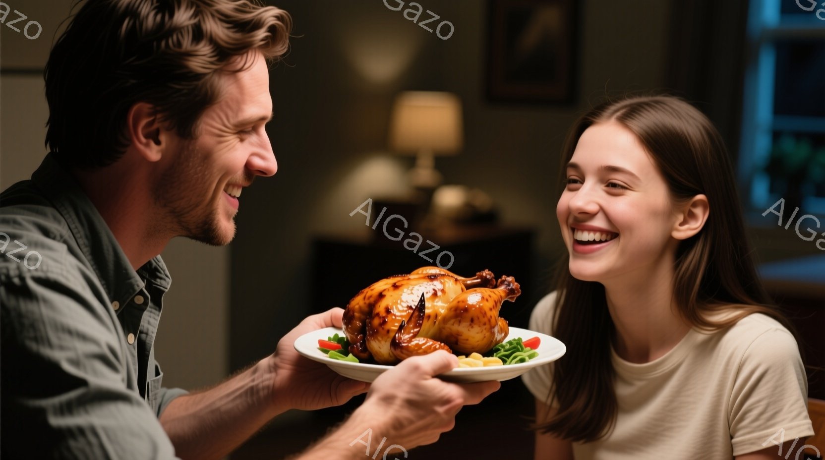 焼けた七面鳥の皿を男性が女性に差し出しており、女性は満面の笑みを浮かべてそれを見つめている。男性は青いシャツを着ており、女性は白いTシャツを着ている。背景には木製のテーブルと、ぼんやりと見える家具が見え、温かく家庭的な雰囲気が漂っている。
