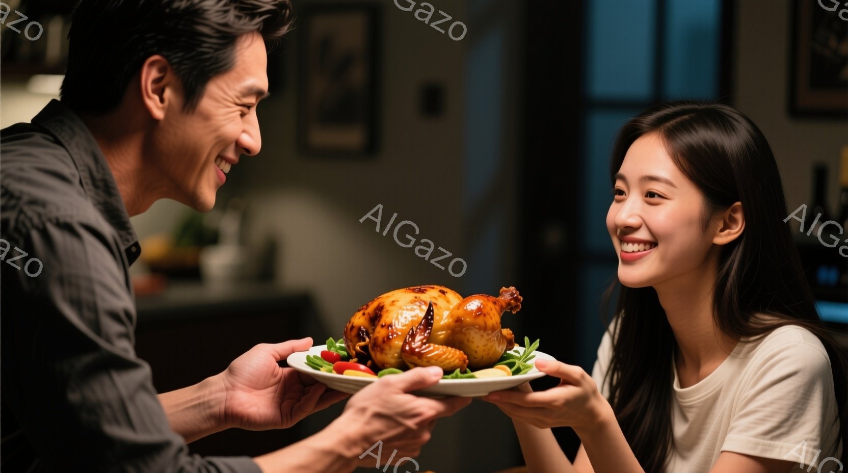 画面には、男性がローストチキンを女性に差し出している様子が写っています。男性はチェック柄のシャツを着ており、女性は白いTシャツを着ています。二人は笑顔で互いを見つめ、背景にはテーブルとぼんやりとした部屋の様子が見え、温かい家庭的な雰囲気が漂っています。