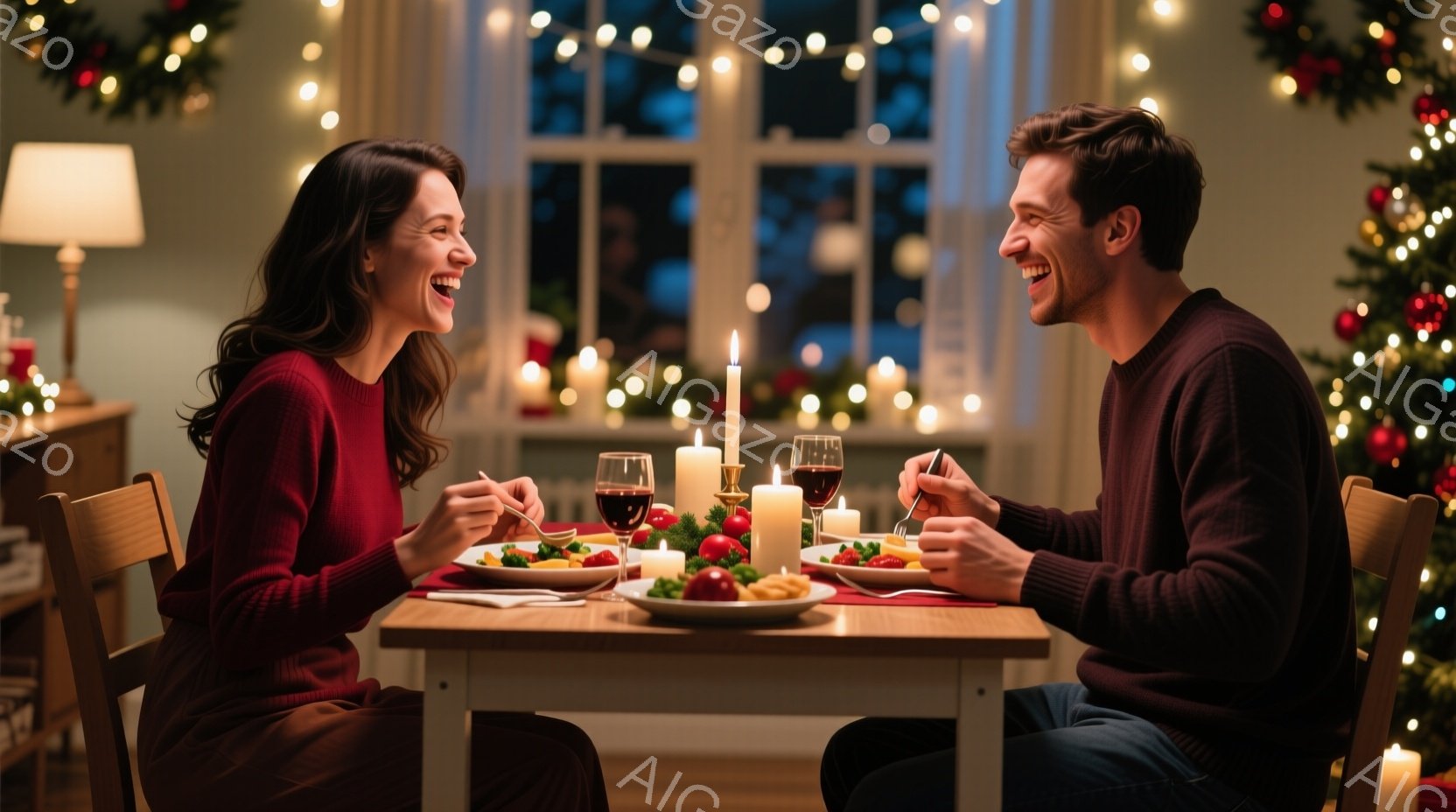 若い男女がダイニングテーブルを挟んで向かい合って食事をしている。女性は赤色のセーターを着ており、髪は肩まで伸びていて、満面の笑みを浮かべている。背景にはクリスマスツリーや飾り付けがあり、温かくロマンチ - AI生成フリー素材