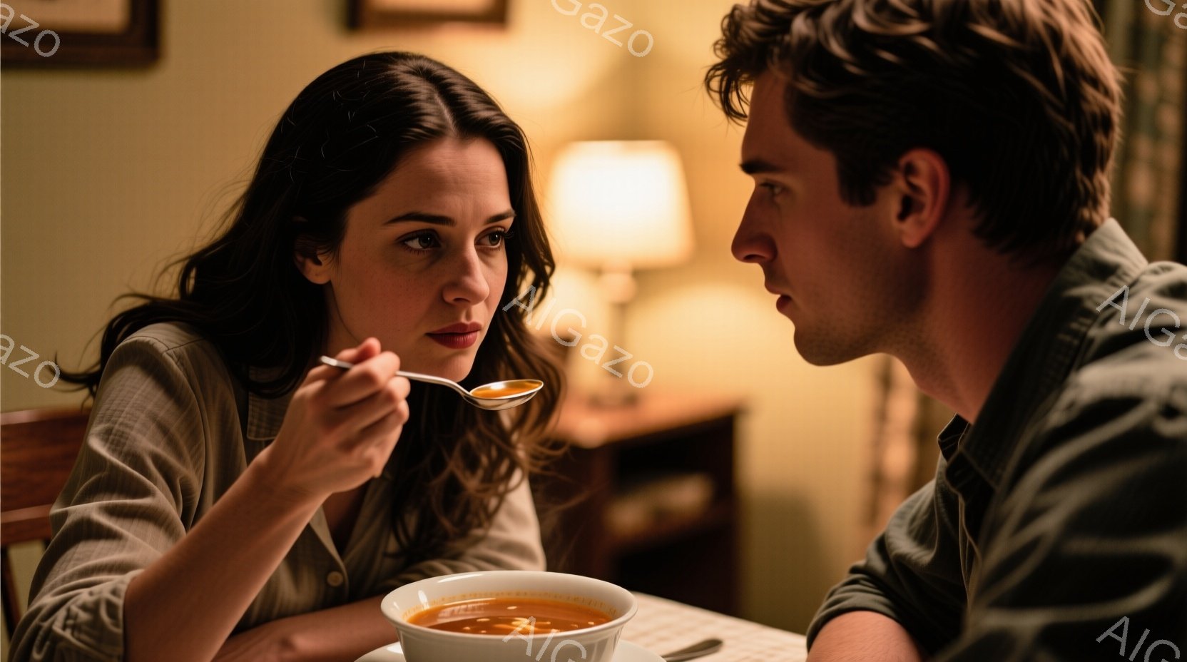 長い茶色の髪を無造作にまとめた女性が、オレンジ色のスープをスプーンで掬って食べようとしています。彼女の表情はやや憂いを帯びており、視線はやや下を向いています。背景には木製の椅子と暖色のテーブルランプが見え、室内は落ち着いた雰囲気です。