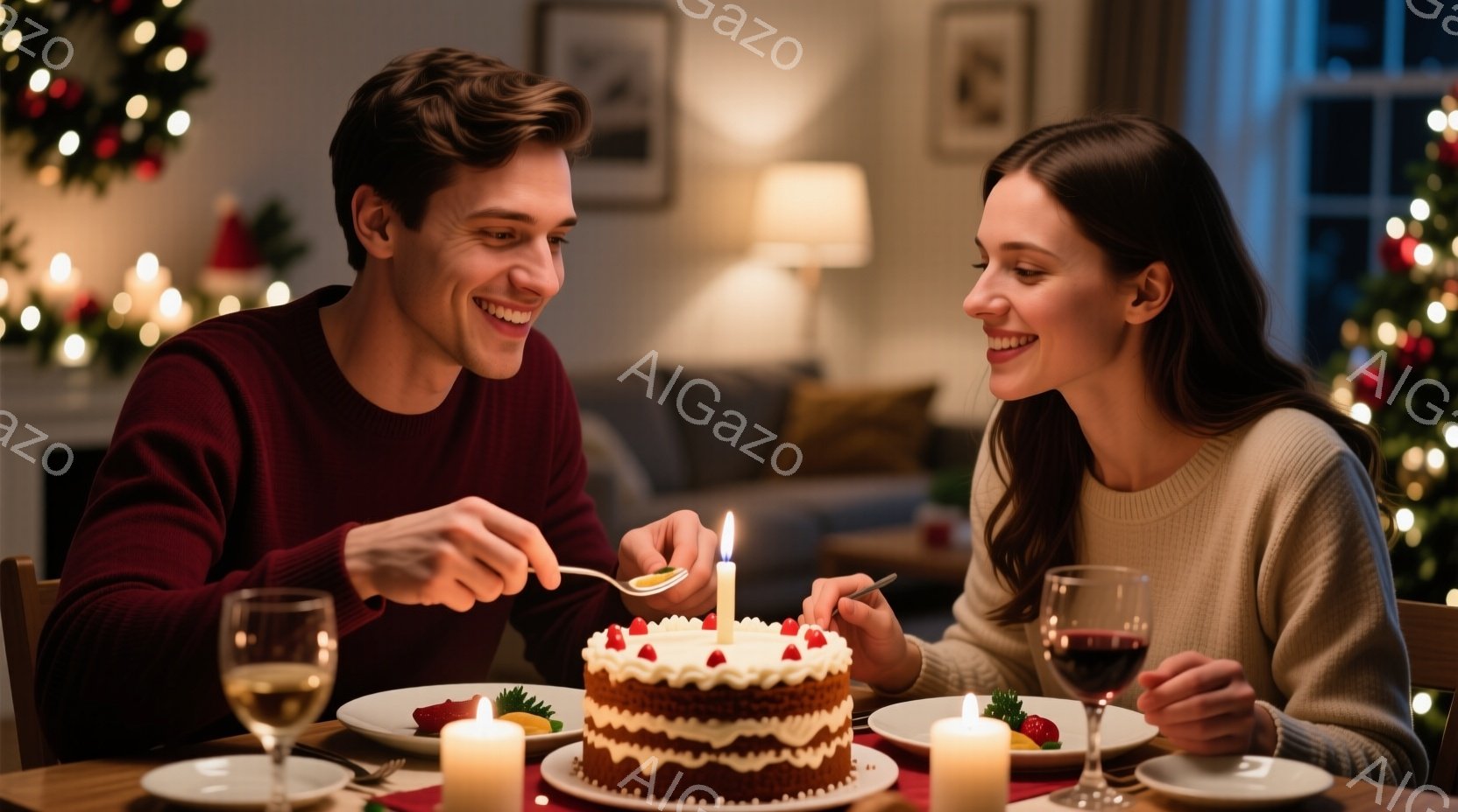暖炉のあるリビングで、若い男女が誕生日ケーキのろうそくを吹き消そうとしています。男性は赤いセーターを着ていて、女性はグレーのセーターを着ています。二人は微笑んでおり、ケーキの周りにはワイングラスや小さな料理が並べられ、背景にはぼやけたクリスマスツリーと暖炉が見えます。