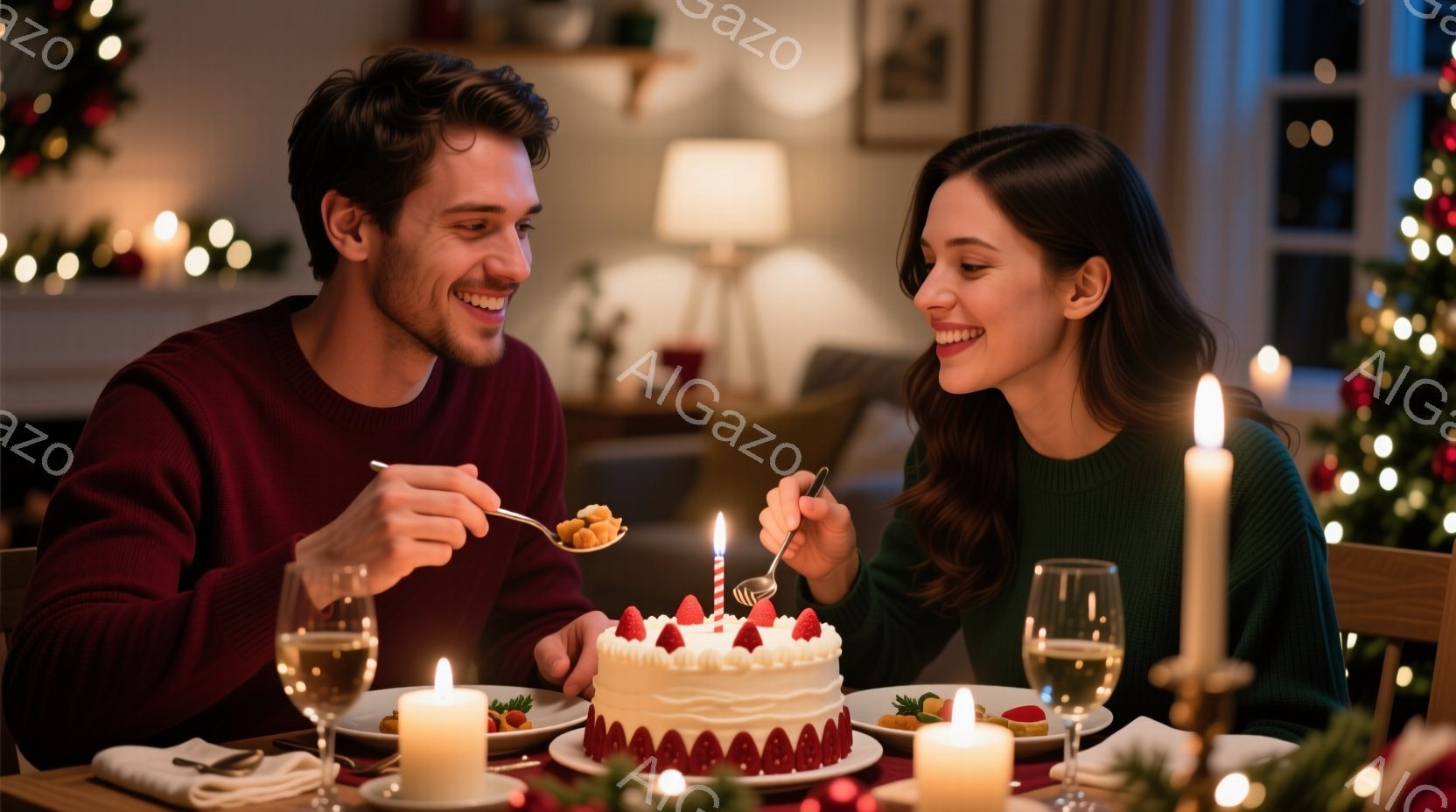 一対の男女が、白いアイシングと赤いイチゴで飾られた小さなケーキを切り分けようとしている場面だ。男性は赤いセーターを着て笑顔を見せており、女性は緑色のニットを着て、同じように微笑んでいる。背景には、ぼや - AI生成フリー素材