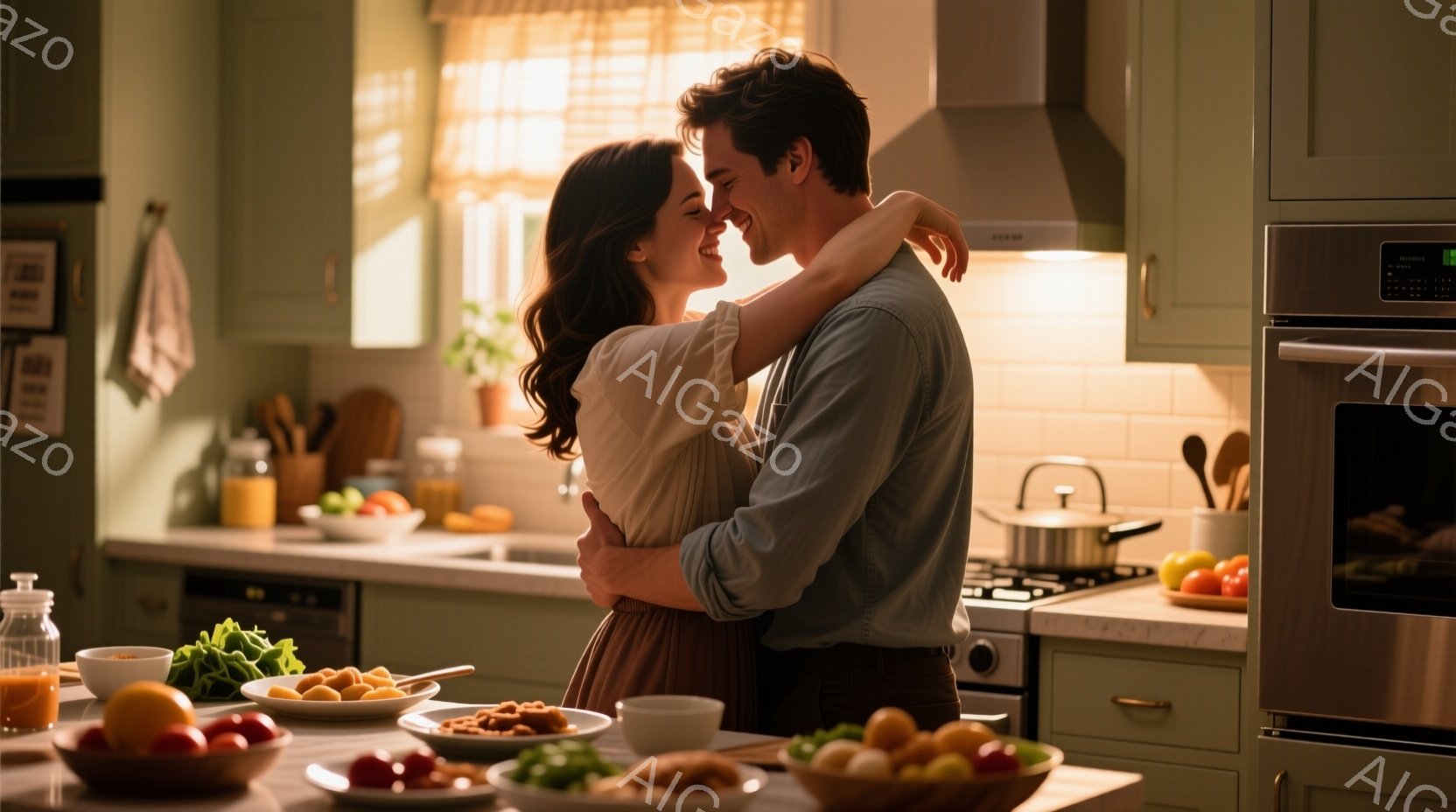 キッチンでカップルが抱き合っている様子が写っている。女性は肩までかかる茶色の髪で、クリーム色のブラウスとピンク色のスカートを着ており、微笑んでいる。男性は濃い茶色の髪で、明るい緑色のシャツを着て、女性を優しく抱きしめている。