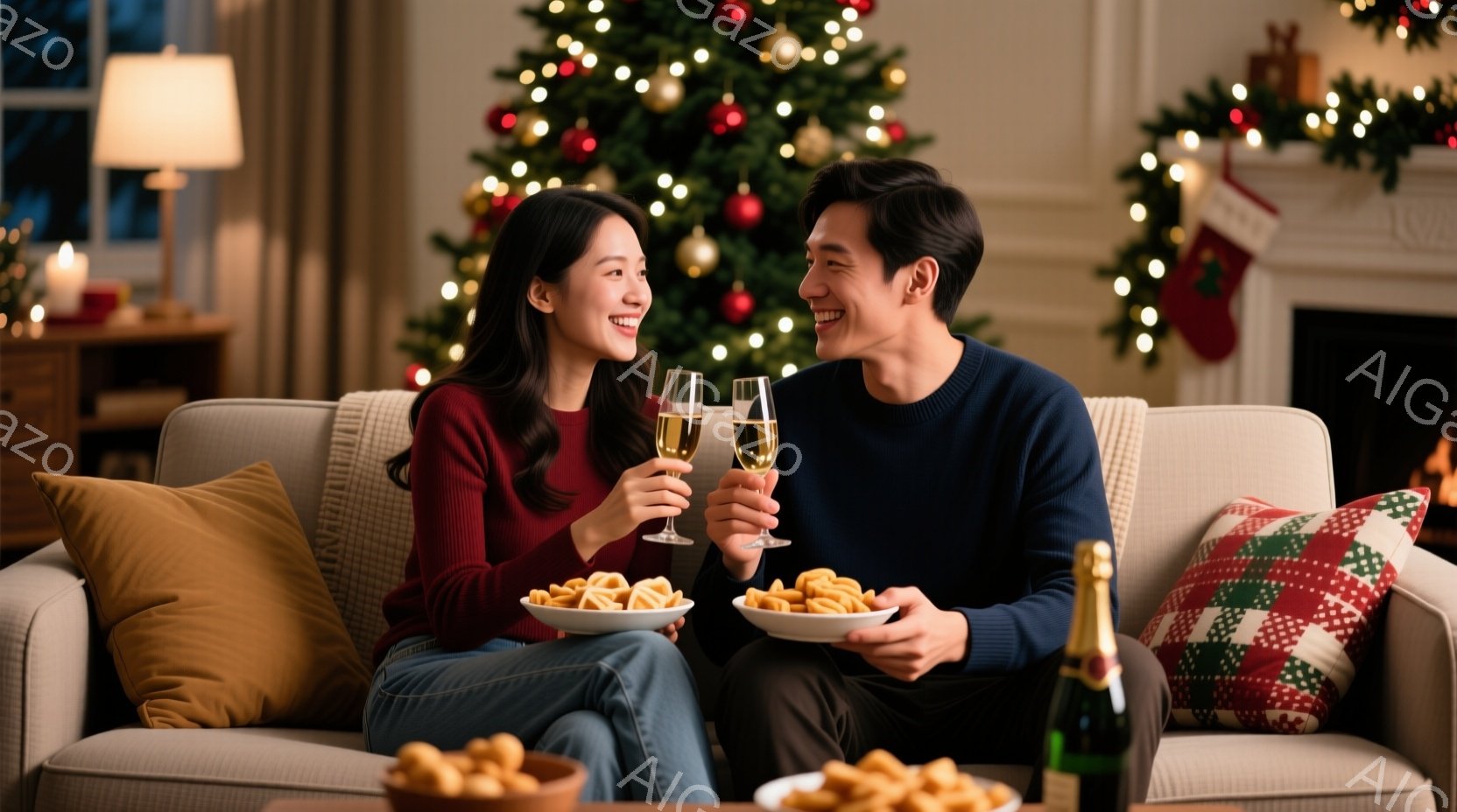 暖炉のあるリビングで、若い男女がワイングラスを手に微笑み合っている。女性は赤いセーターとジーンズ姿で、長い髪を肩から下ろしている。男性は紺色のセーターを着ており、穏やかな表情で女性を見つめている。 - AI生成フリー素材