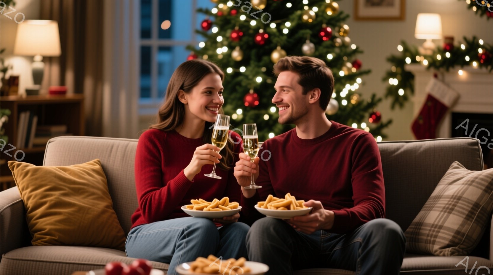 暖炉のあるリビングルームで、若い男女が寄り添って座っています。二人は赤いセーターを着て、シャンパンのグラスを持って互いに微笑み合い、幸せそうな表情をしています。背景にはクリスマスツリーが飾られ、暖かくお祝いムードに包まれています。