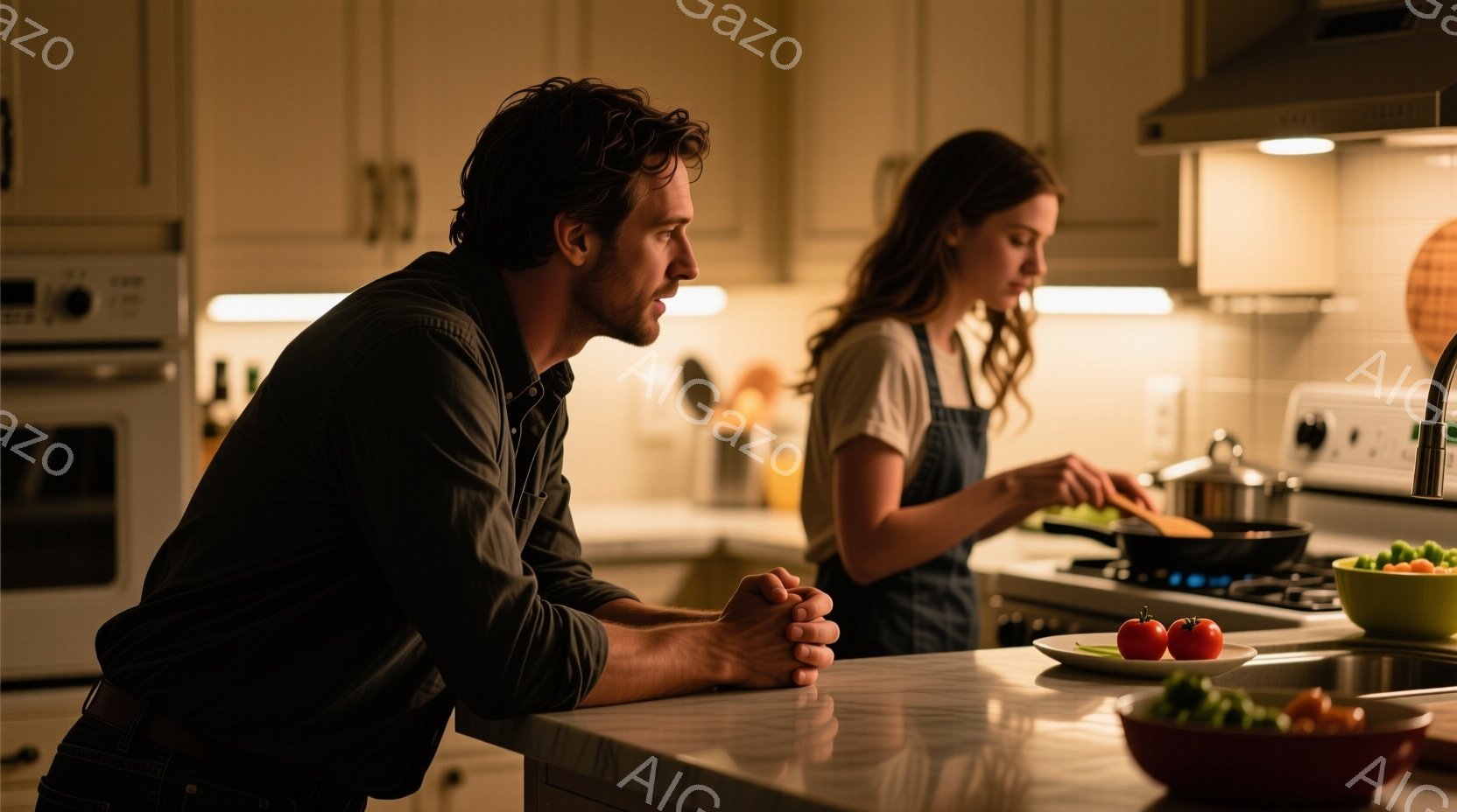 一人の男性がキッチンカウンターに寄りかかり、何かを考え込んでいる様子がうかがえます。彼は濃い緑色のシャツを着ており、髪は短く整えられています。背景では、女性がエプロンをつけて調理をしており、キッチンにはトマトやその他の食材が置かれたボウルが見えます。