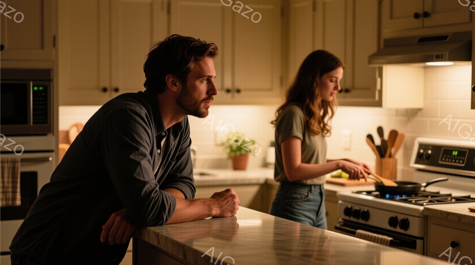 男はカウンターに肘をつき、少し考え込んでいるような表情をしている。彼は濃い色のシャツを着ており、髪は短く整えられている。女性はキッチンで調理をしており、ジーンズに白いTシャツを着ている。背景には白いキャビネットと調理器具が見え、全体的に温かみのある家庭的な雰囲気が漂っている。