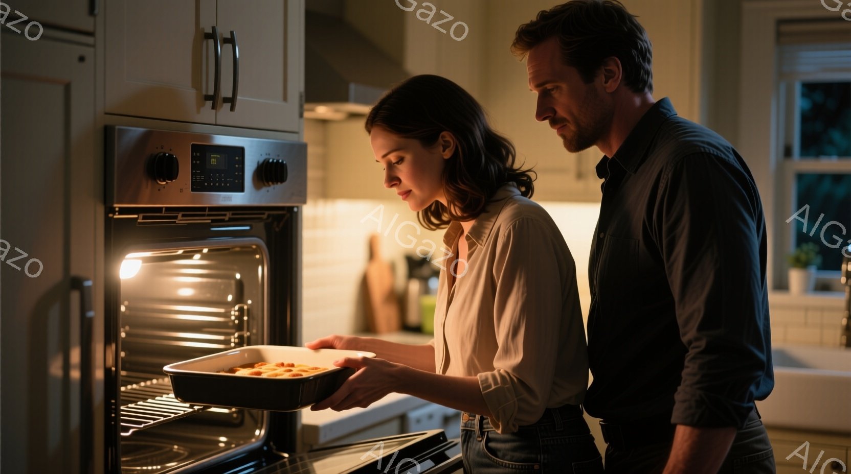 一対の男女がキッチンでオーブンを見つめている。女性は薄茶色のシャツと黒いズボンを身に着け、髪は後ろでまとめている。男性は濃い青色のシャツを着ており、二人はオーブンの中の焼き菓子を興味津々に見つめている様子から、料理への愛情や楽しさが伝わってくる。