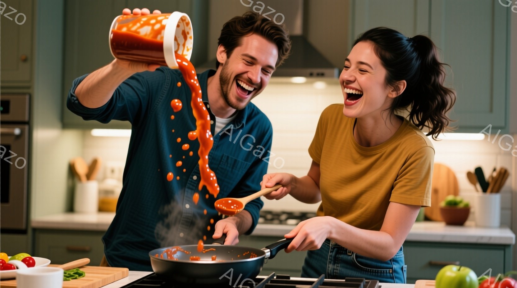 料理をしている若い男女が写っている。男性は青いシャツを着ていて、鍋にトマトソースを注ぎながら満面の笑みを浮かべている。女性は黄色いTシャツとジーンズ姿で、フライパンの中身を木べらで混ぜながら、楽しそうに笑っている。