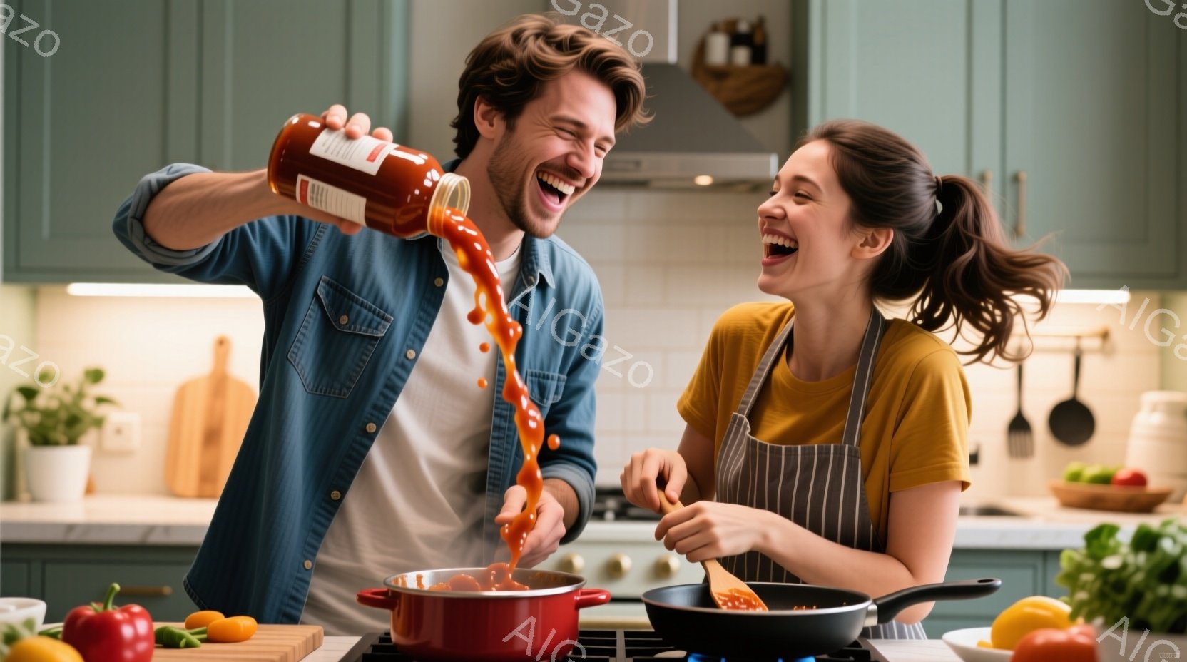 若いカップルがキッチンで料理を楽しんでいる様子が写っている。男性はデニムシャツを着て、赤いソースを鍋に注ぎながら満面の笑みを浮かべている。女性は黄色いTシャツにエプロンを着用し、フライパンで何かを炒めながら、男性の様子を見て楽しそうに笑っている。