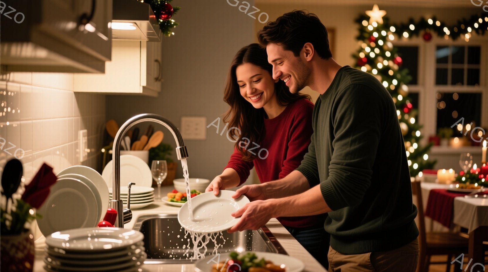 料理をしている若いカップルが写っています。女性は赤いセーターを着ており、髪は長くゆるやかに巻かれています。男性はベージュ色のズボンと濃い緑のセーターを着ており、二人は笑顔で洗い物をしています。背景には - AI生成フリー素材
