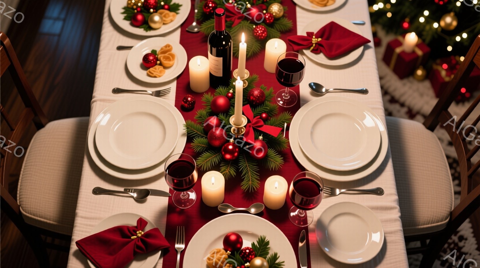 テーブルは白いリネンクロスで覆われ、赤いランナーが敷かれています。各プレースマットには白い皿、フォーク、ナイフ、スプーン、ワイングラスがセットされ、赤い実と葉の飾りとキャンドルがテーブルの中央を彩っています。背景にはクリスマスツリーの光が見え、暖かく穏やかな祝祭の雰囲気を醸し出しています。
