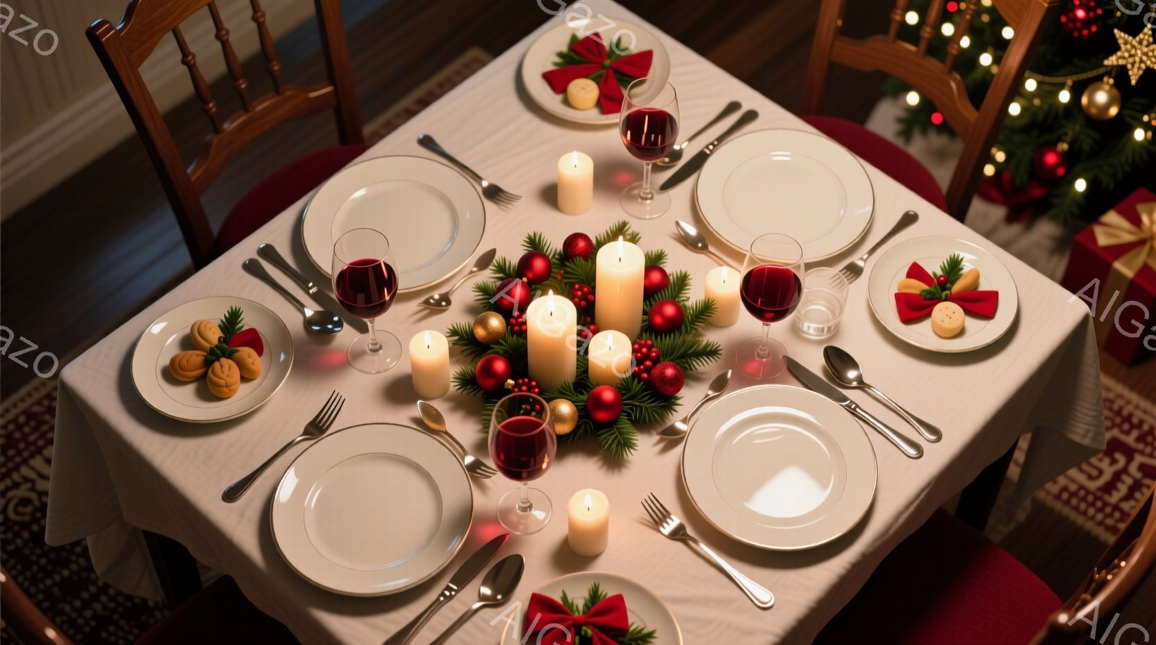 白いテーブルクロスが敷かれたダイニングテーブルには、クリスマスのディナーの準備が整っています。各プレースマットには白い皿、フォーク、ナイフ、スプーンが置かれ、赤いリボンで飾られた小さな焼き菓子が添えられています。テーブルの中央には、キャンドルと赤い実で飾られたクリスマスリースがあり、温かく華やかな雰囲気を醸し出しています。